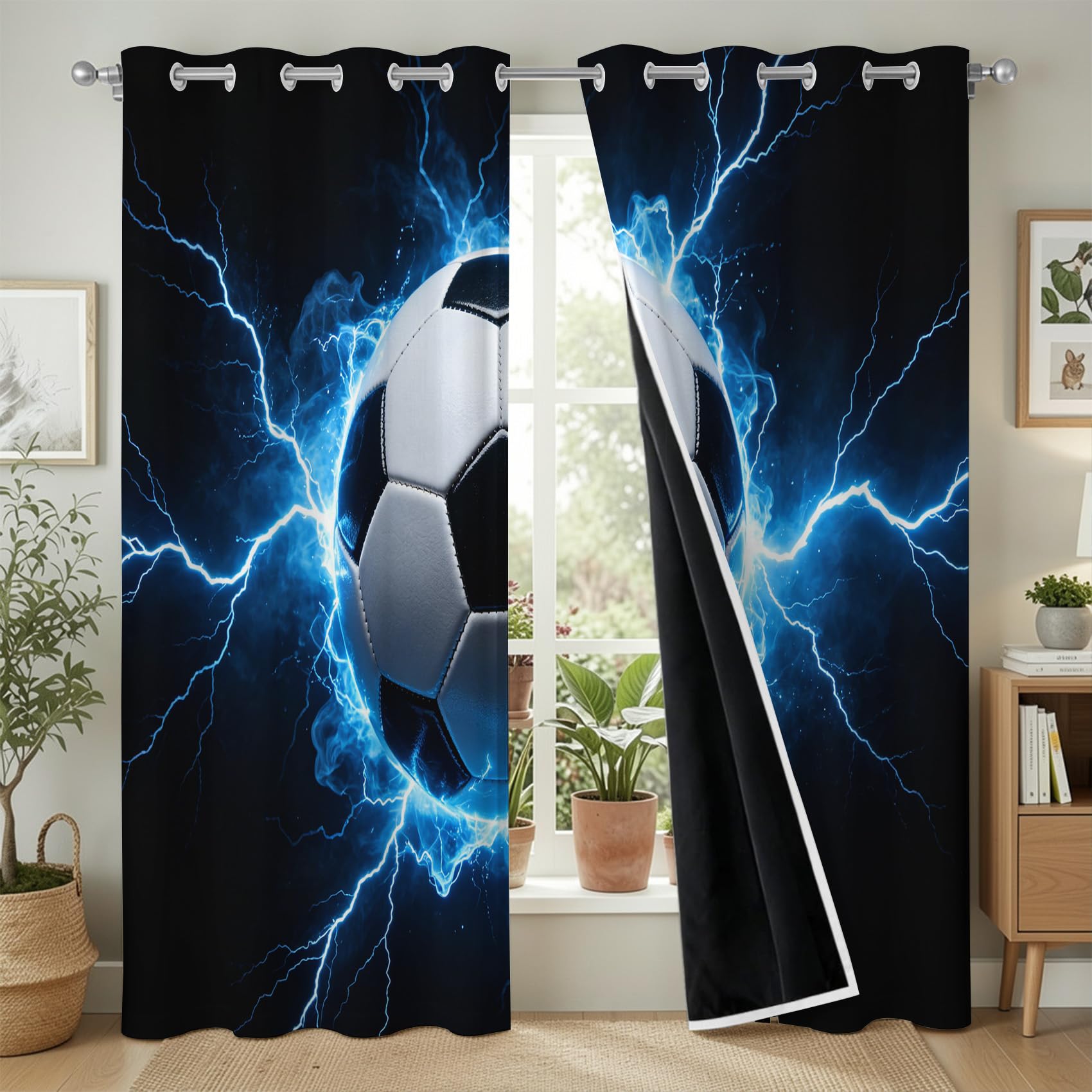 Lot de 2 Rideaux Occultants à Oeillets Football 100x200 cm, 3D Imprimé Rideau Occultant Thermique Isolant Opaque, Rideau Modèle de Football pour Salon Chambre Décoration Fenêtre C/1687