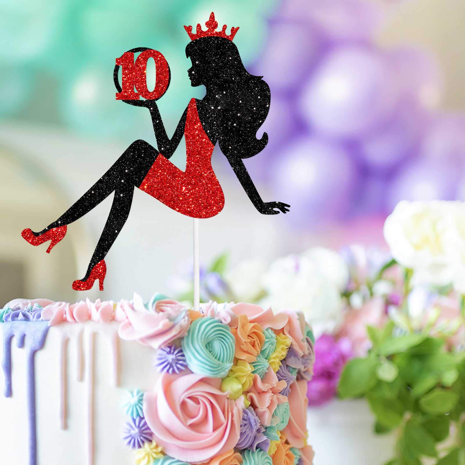 Amazon.com: 10 Red & Black Sitting Girl Silhouette Cake Topper Decorations  with Glamour for Lady 10 Birthday Theme Queen Sexy Party Decor Supplies :  Grocery & Gourmet Food