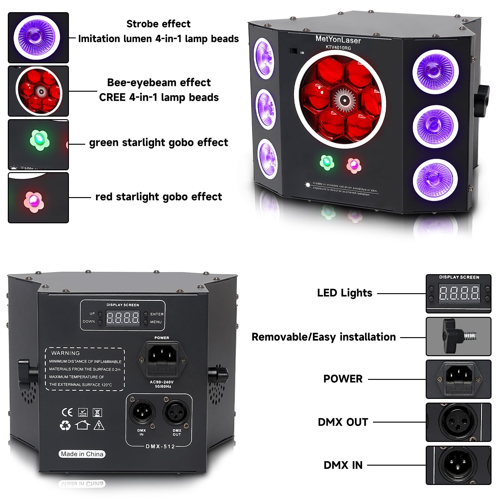 Party-Lichter, Disco-Licht, DJ-Lichter, 4in1 LED-Stroboskop-Bienenaugen-Waschlichter und rot-grüner Strahl-Gobos-Effekt, 16-Kanal-DMX mit aktiviertem Ton für die Weihnachts-Halloween-Party