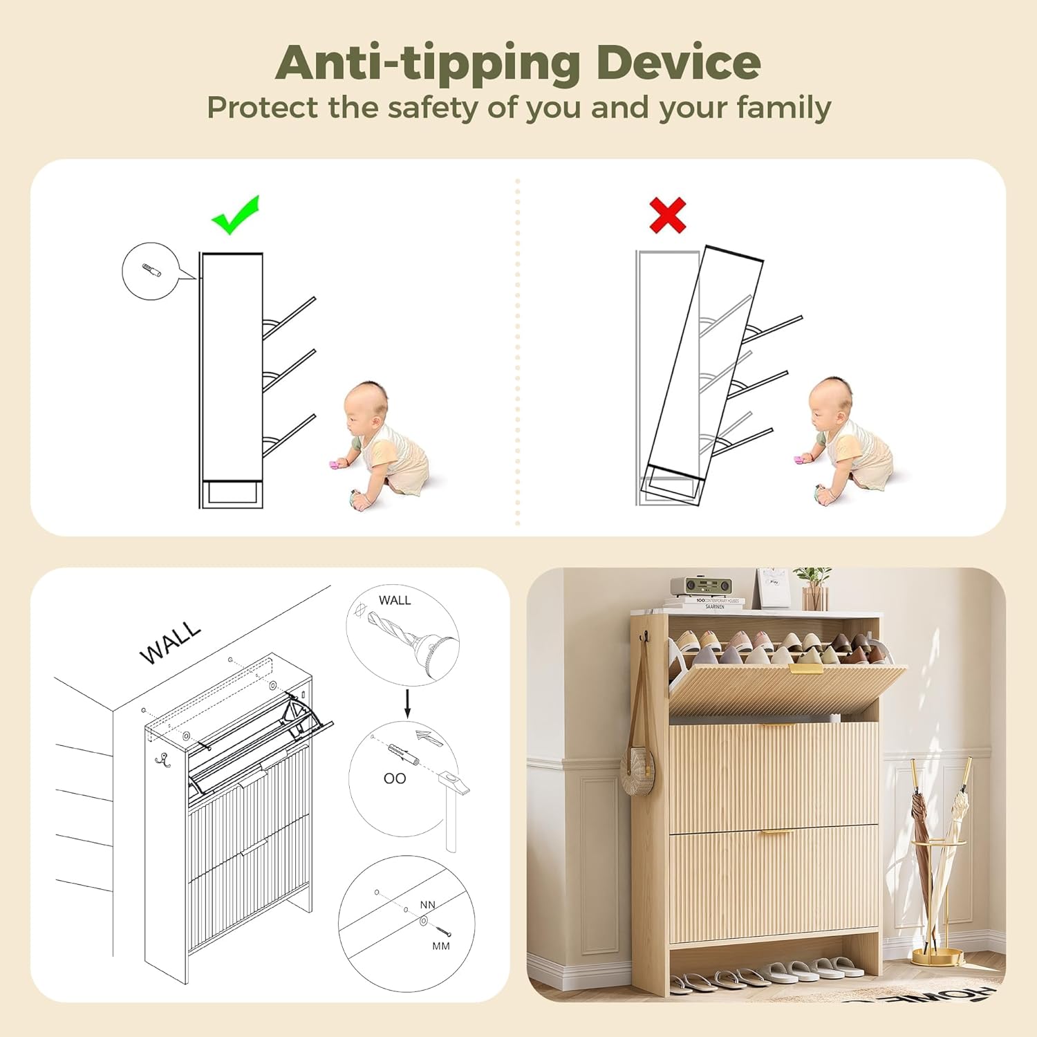 IRONCK Fluted Shoe Cabinet Storage for Entryway with 3 Flip Drawers, Hidden Shoes Storage Cabinet, Narrow Shoe Rack Cabinet, Freestanding Slim Shoe Organizer Cabinet, Wood - Image 7
