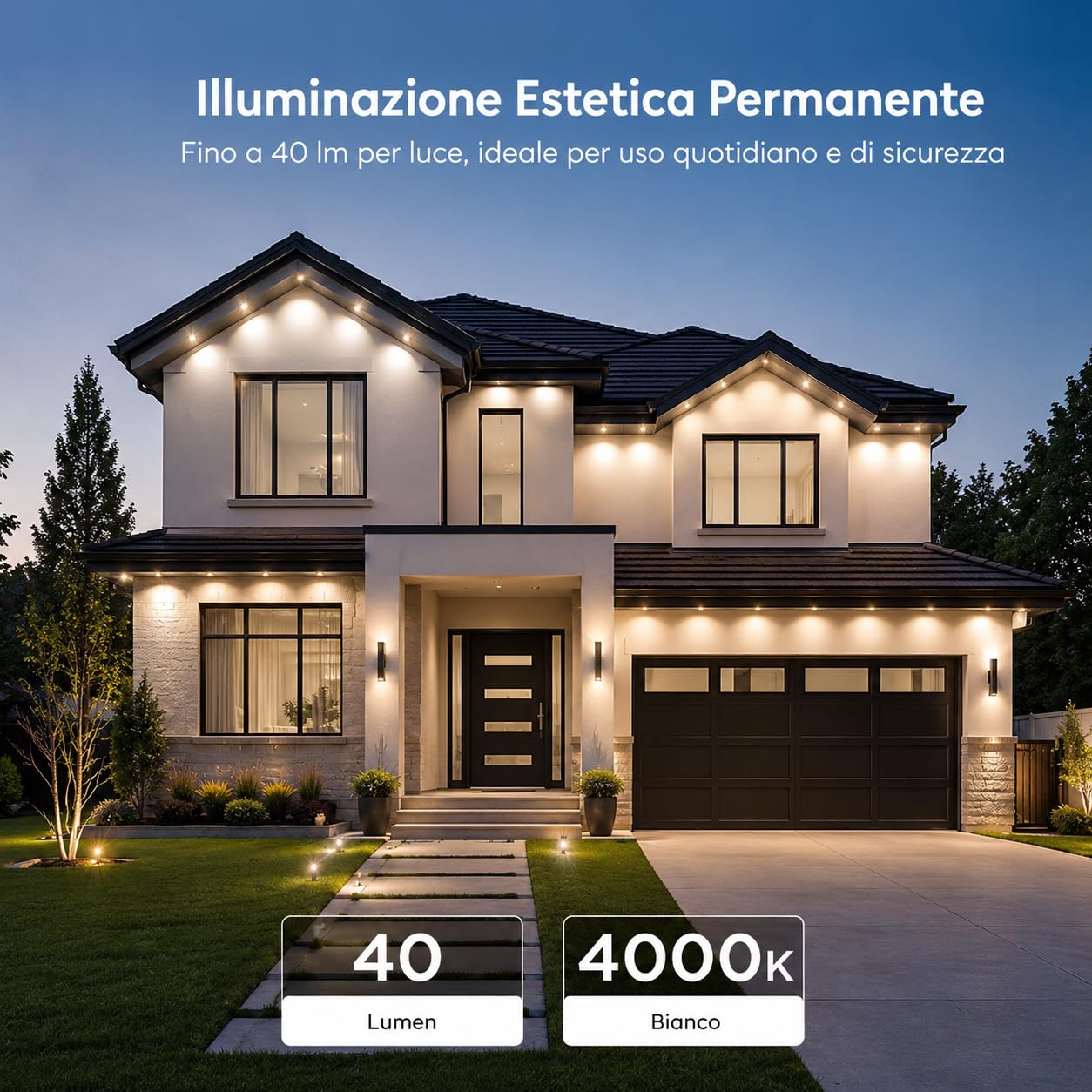 Luci Esterne Permanenti RGBIC - 15 metri con Luce Bianca, App e Telecomando 2.4G, Impermeabili IP67 per Grondaie, Facciate, Pergole e Tettoie, Modalità Musica e Timer