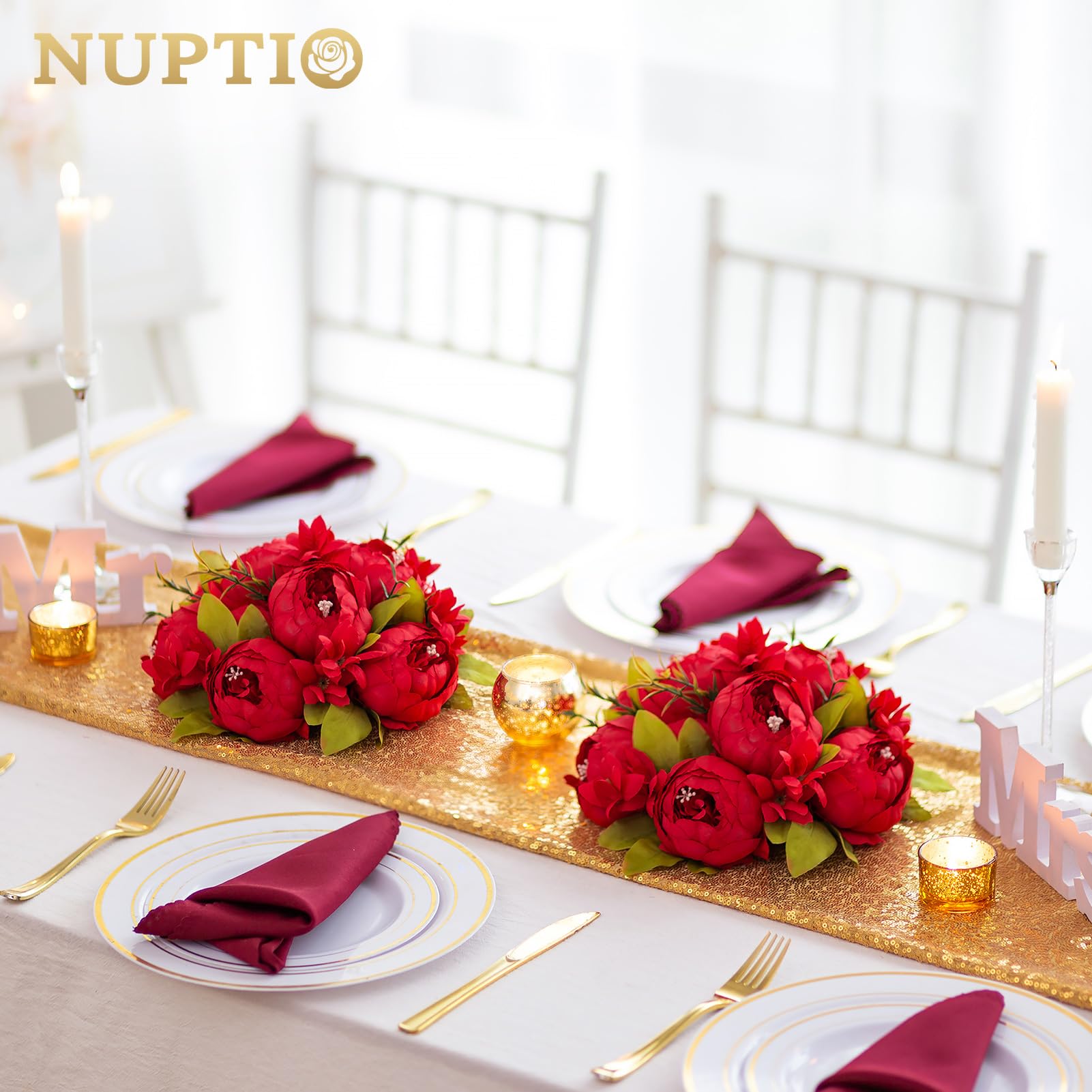 Nuptio Fiore Artificiale Peonia per Centrotavola: 2 Pezzi 24cm di Diametro Rosso Fiori Finti Palla Disposizione Seta Bouquet da Sposa Centrotavola di Nozze per Tavolo Decorazioni Casa