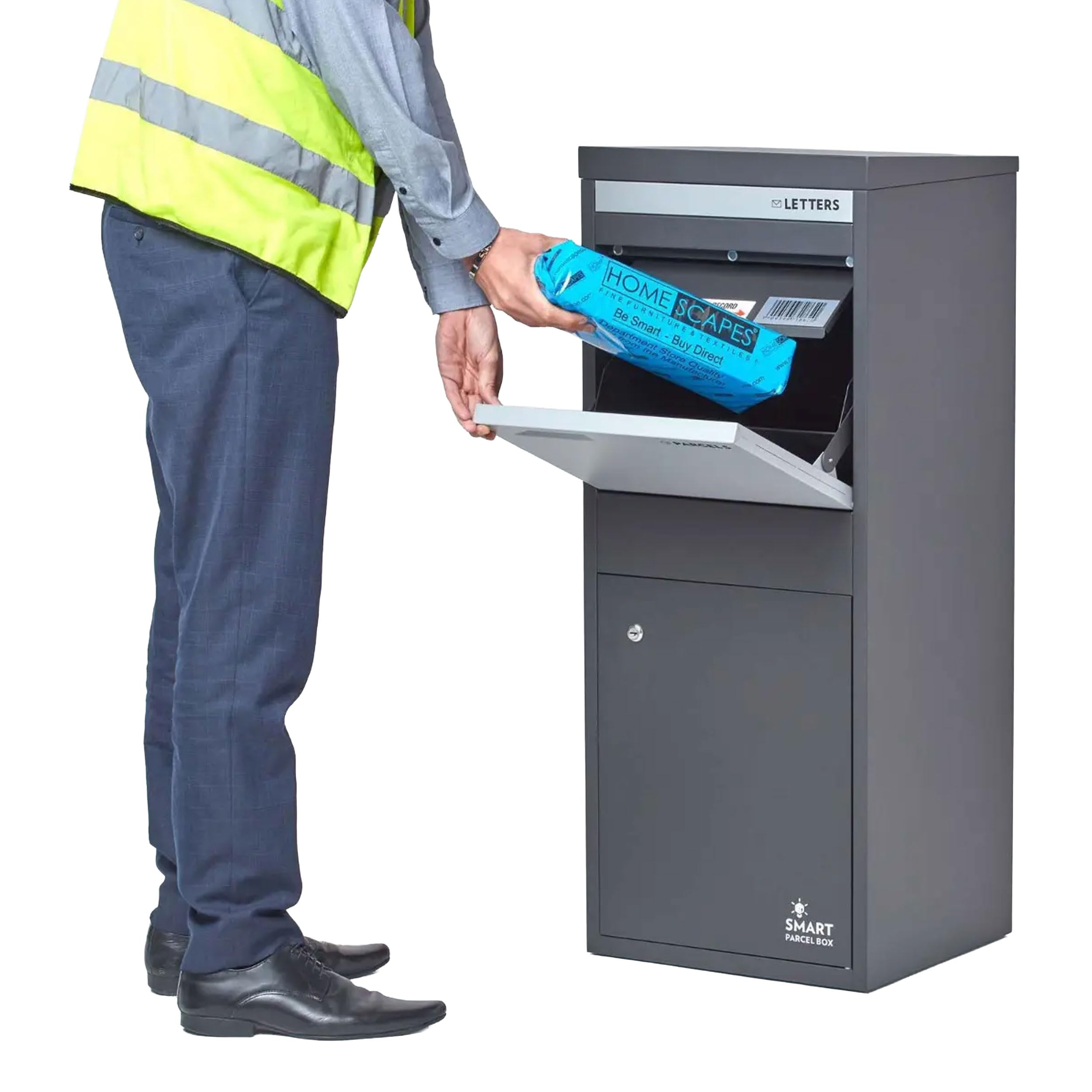 Smart Parcel Box - Large Parcel Box Outdoor, Dark Grey Delivery Box with Secure Front & Rear Access, Waterproof, Durable, Lockable Weatherproof Parcel Drop Box For Multiple Packages