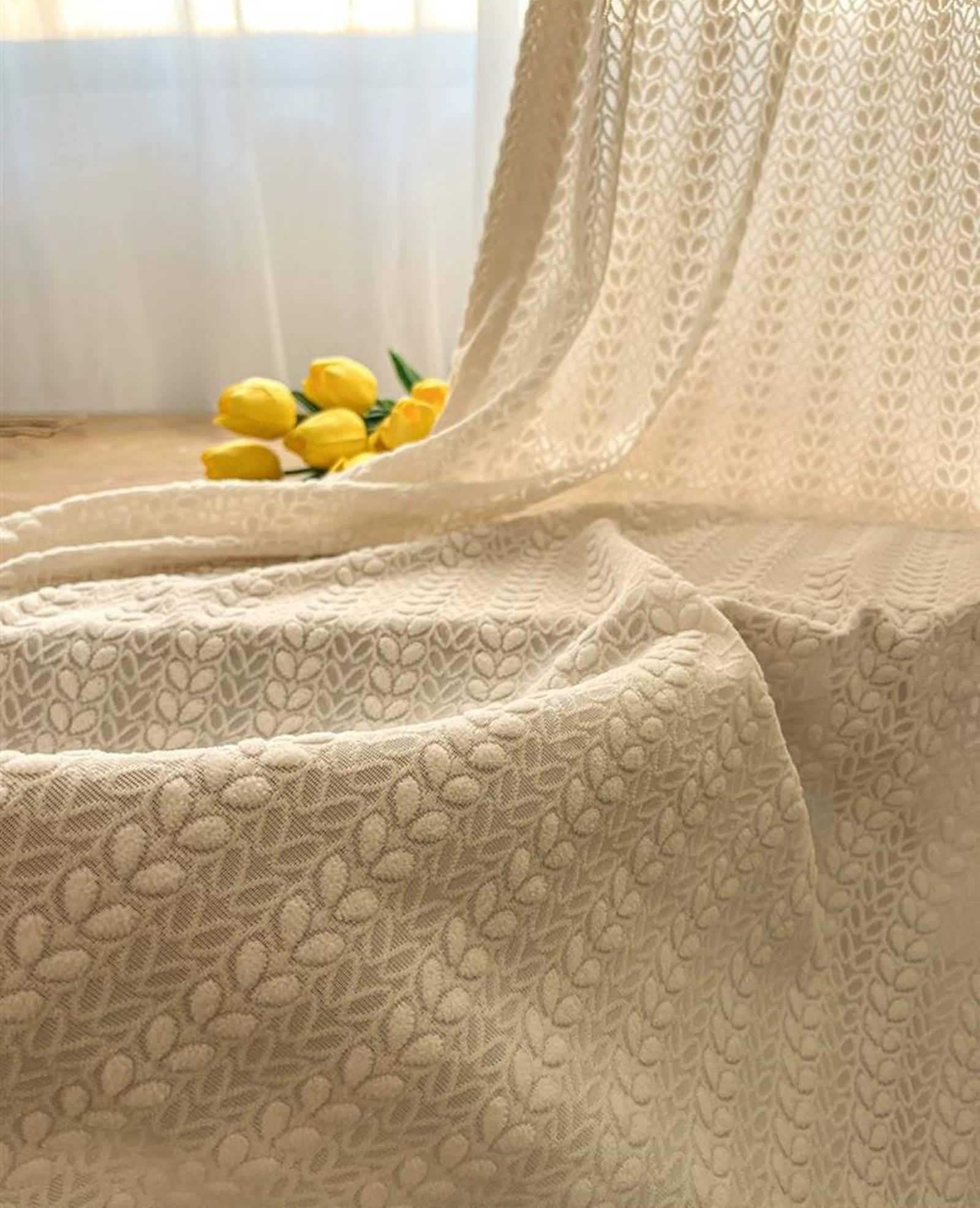 Vorhänge Boho, Transparente Gardinenschals Beige Blätter mit Strukturierter Oberfläche Polyester 2er Set 132W x 160L cm