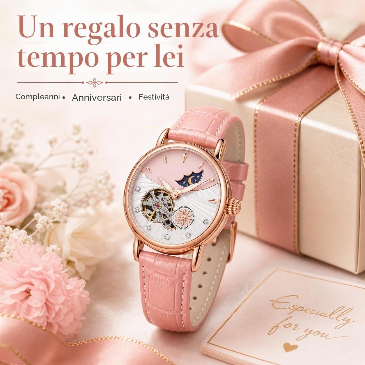 Orologio meccanico automatico da donna, in acciaio inox, quadrante con fasi lunari, cinturino in pelle, impermeabile, orologio da polso