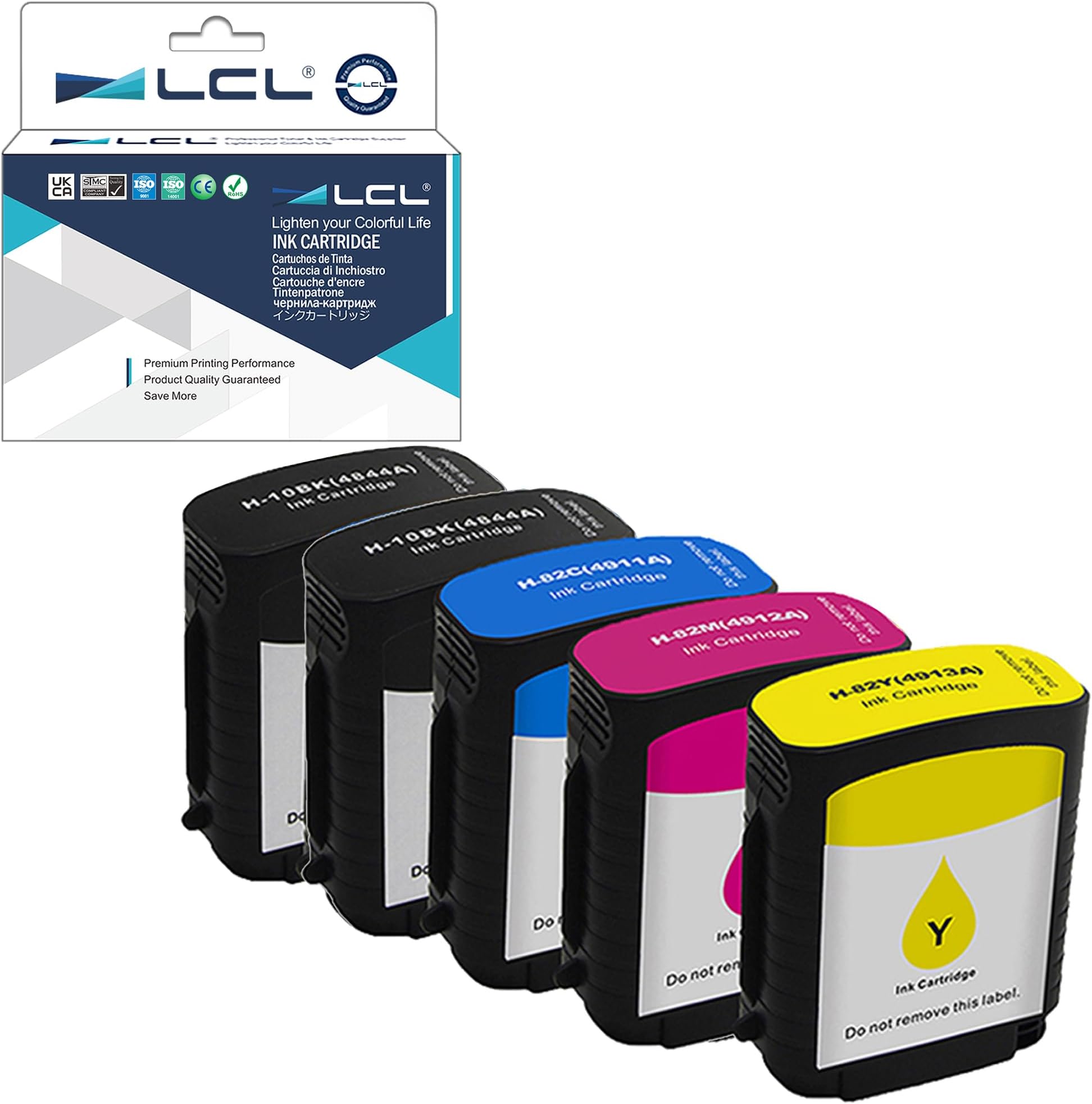 LCL Compatible Ink Cartridge Replacement for HP 10 82 C4844A C4911A C4912A C4913A Designjet 500 500ps 500Plus 800 800ps 815 815mfp 820 820mfp (5-Pack 2Black Cyan Magenta Yellow)