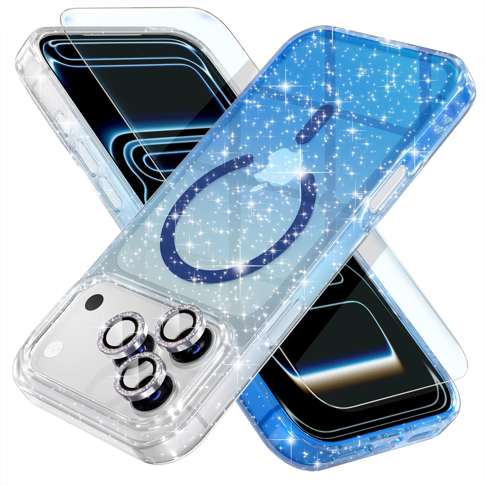 Photo 1 of Choiche Magnetic for iPhone 17 Pro Case Compatible with MagSafe, Women Cute Glitter Sparkly Phone Case with Diamond Camera Lens Protectors, Military-Grade Drop Protection 6.3" (Clear/Blue)