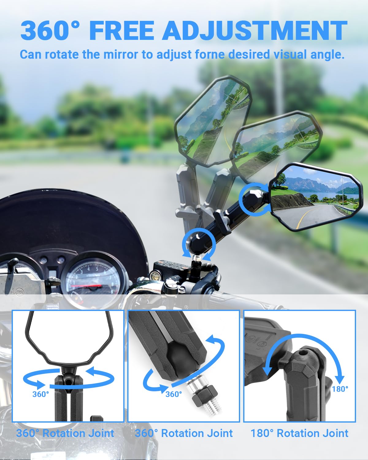 SUPAREE Espejo Retrovisor Moto Universal Retrovisores Moto Homologados Manillar Plegable Espejo Moto Trail Giratorio de 360 ° con E-mark M10/M8 Compatible Street Bike Cruiser ATV 1 Paire