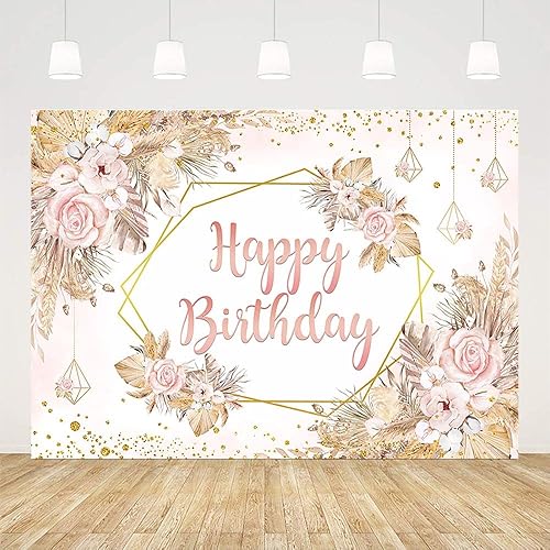 Miniatura 2 de Telón de fondo bohemio de feliz cumpleaños de 7 x 5 pies para niña, bohemio, rosa, floral, pampas, dorado, purpurina, fondo de fotografía de