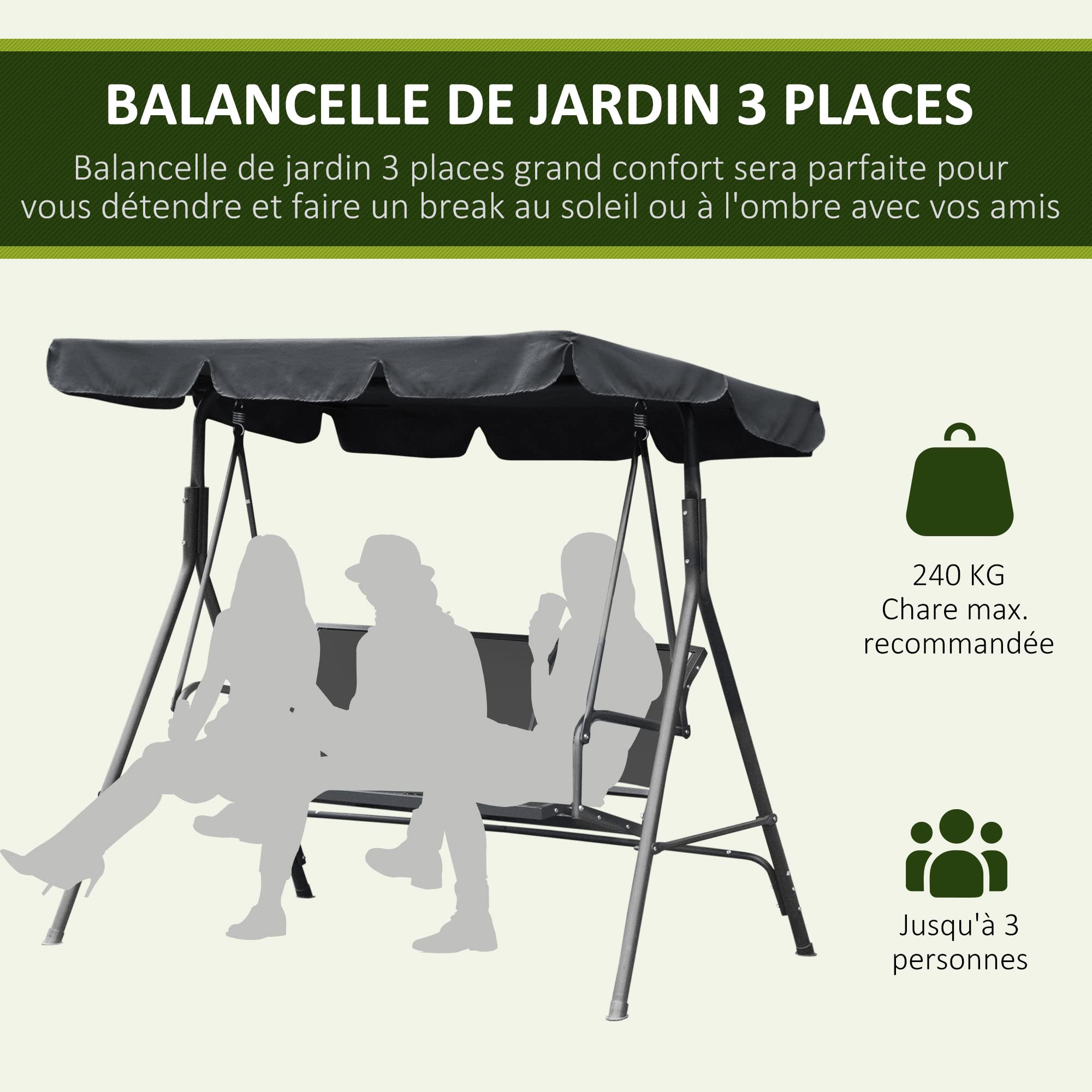 Outsunny Balancelle de Jardin 3 Places Toit imperméabilisé Acier Gris