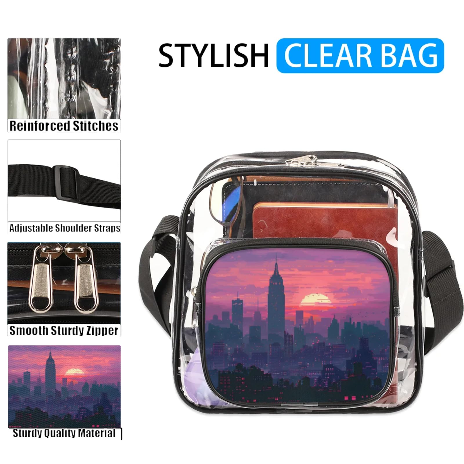 GzLeyigou Clear Crossbody Bag Stadium Approved City Transparent Bag for Festivals, Sports Events, Concerts,Beach Bag for Women Men Clear Purse with Front Pocket Messenger Bag with Adjustable Strap