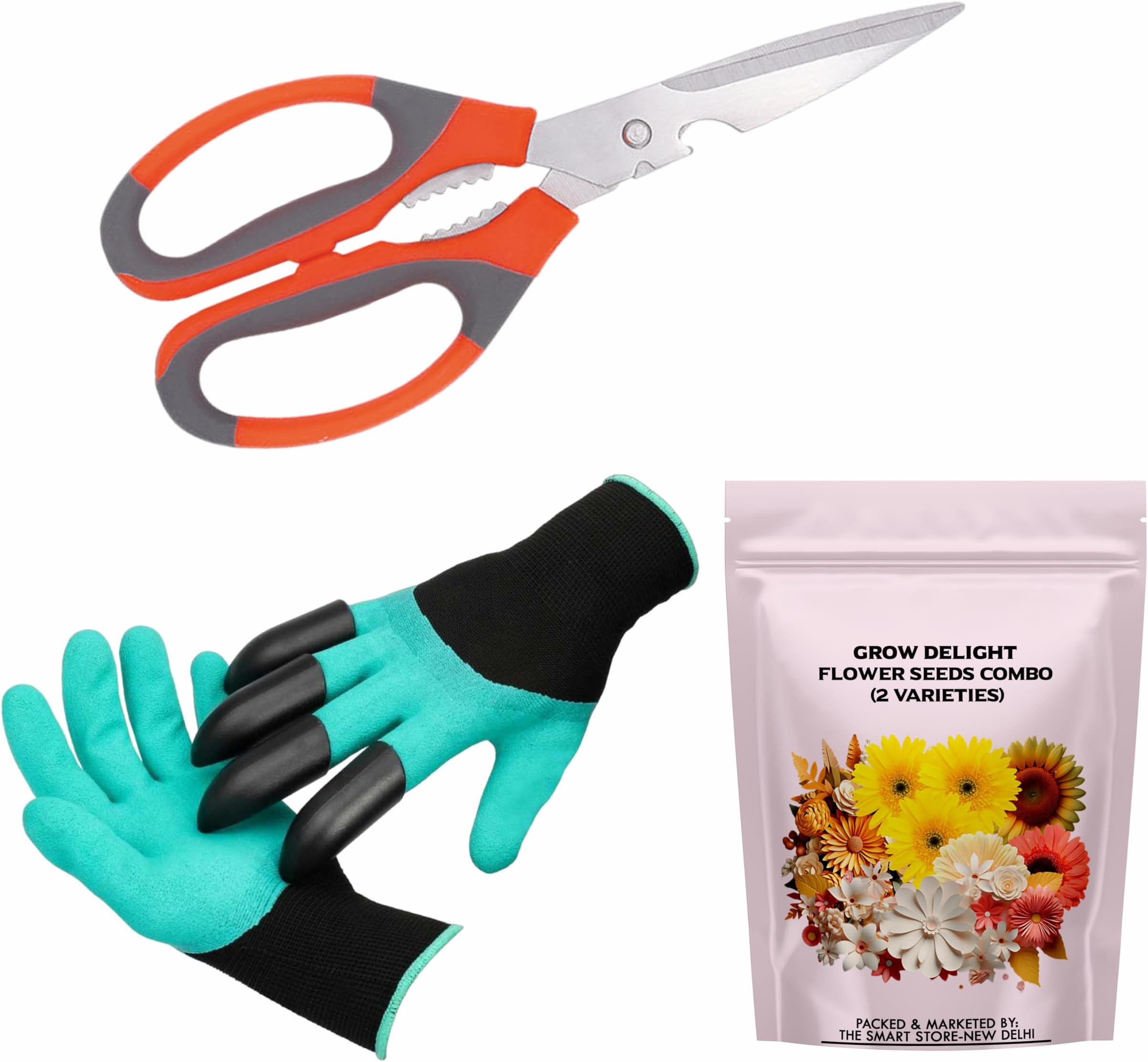 Gardening Tools Kit-3 Pcs (Garden Gloves with Claws, Garden Scissor, Flower Seeds Packet) | Durable Gardening Tools | Home Gardening Tool Kit | Terrace Gardening Accessories
