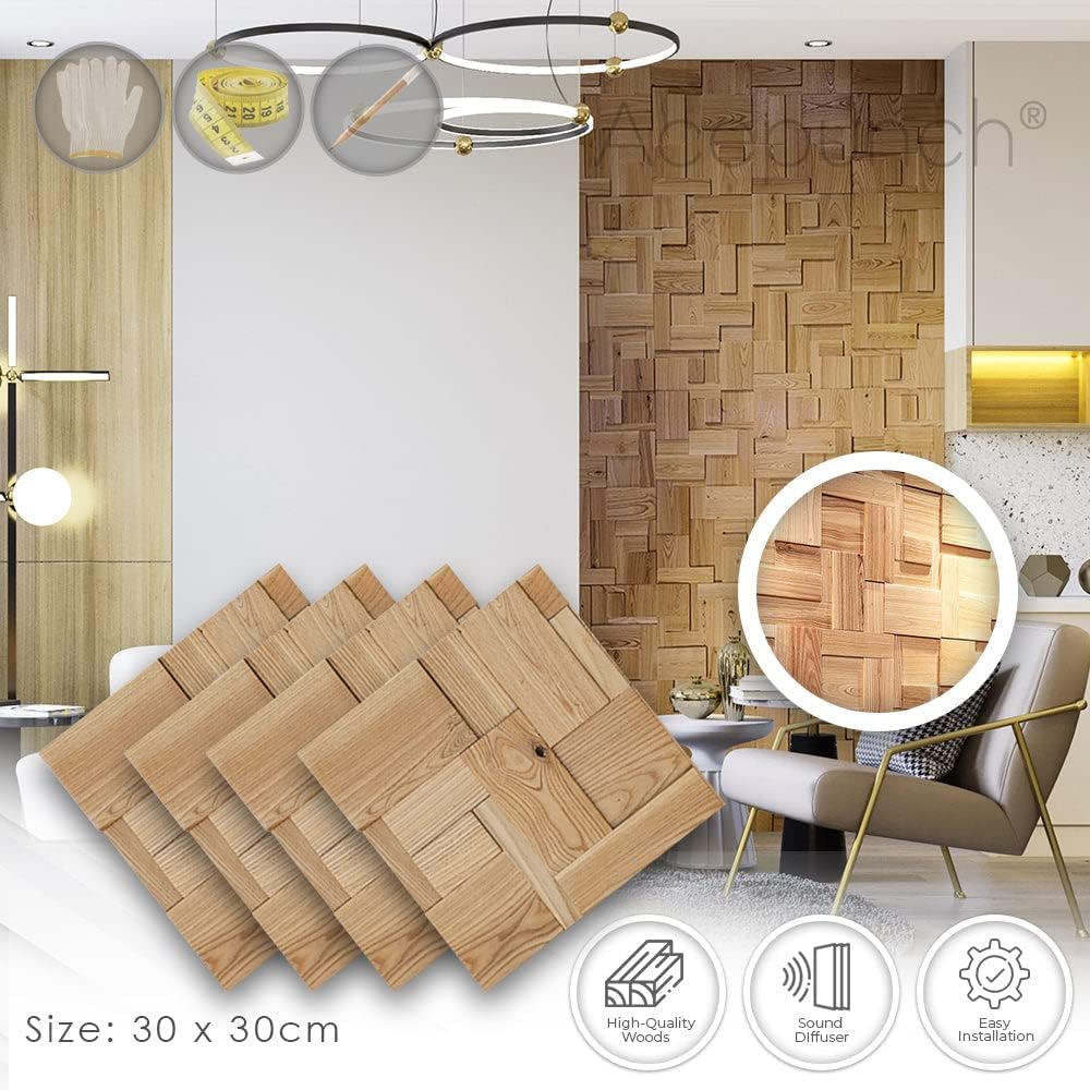 1 Aesthetic Block Style High-Grade Finland Wooden Wall Art Panel Room DIY Acoustic Sound Diffuser STC 27 Home Decorative Sound Absorbing Noise Reduction Wood Decor 12x12in AP1252