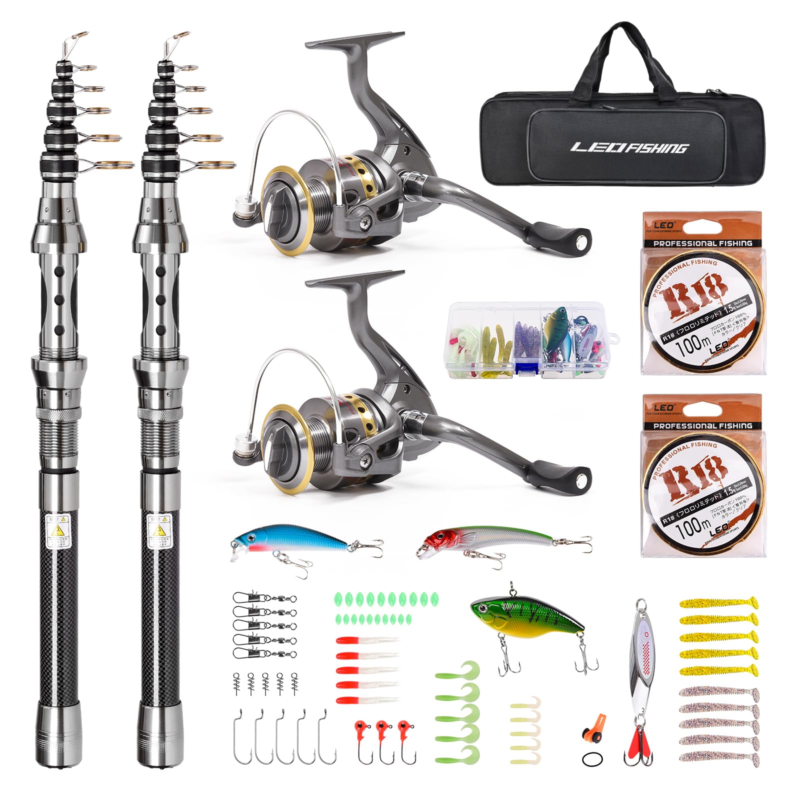 LEOFISHING 2Pcs Telespoic Fishing Rod and Reel Combos Collapsible Fishing Pole with Spinning Reel and Necessary Lure Accessories Portable Carrier Bag for Saltwater Freshwater (2Pcs, 210cm/6.89ft) : Sports & Outdoors