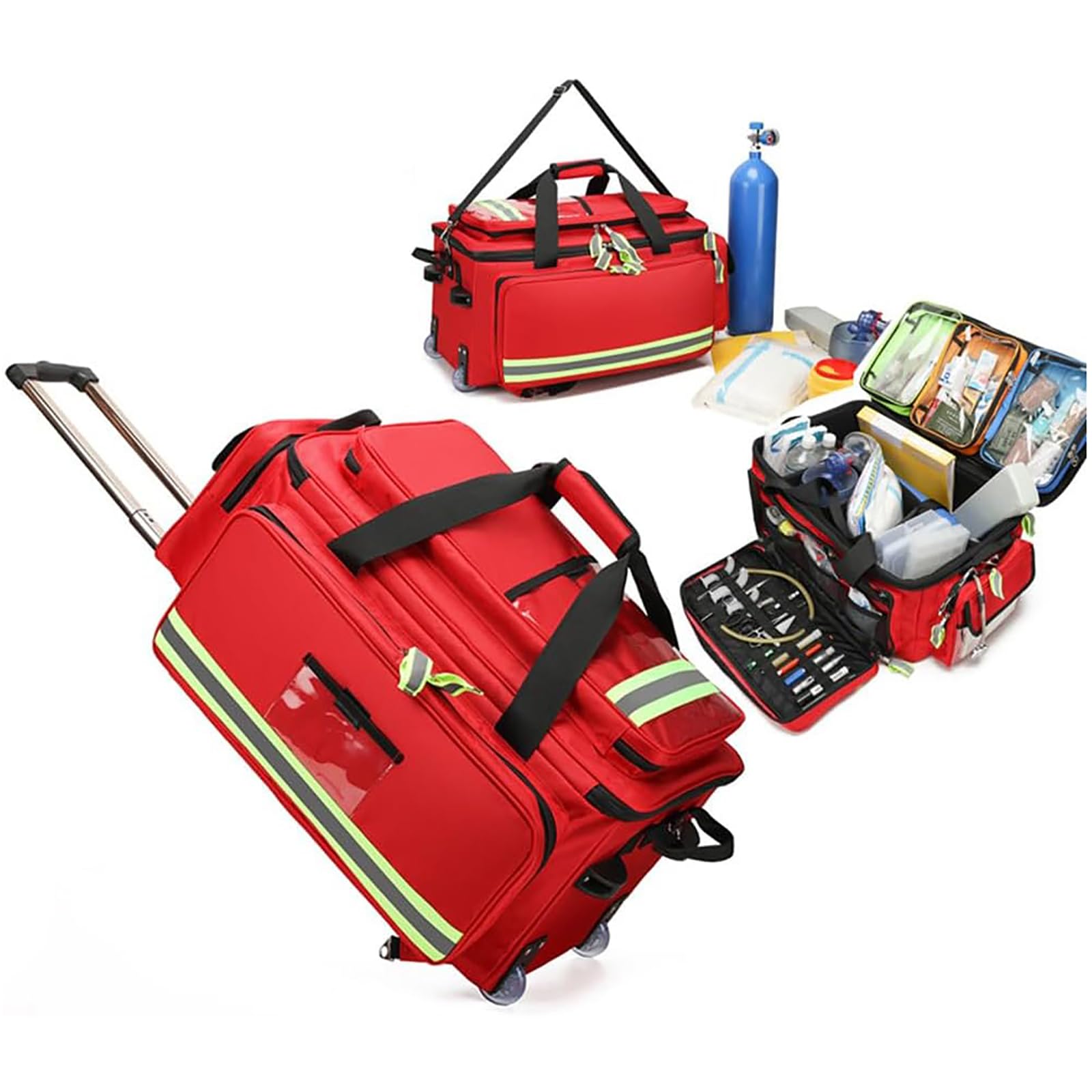 Bolsa médica con ruedas, carrito de primeros auxilios de gran capacidad con compartimentos, tiras reflectantes, asa telescópica, bolsa de emergencia Oxford impermeable para rescate al aire libre