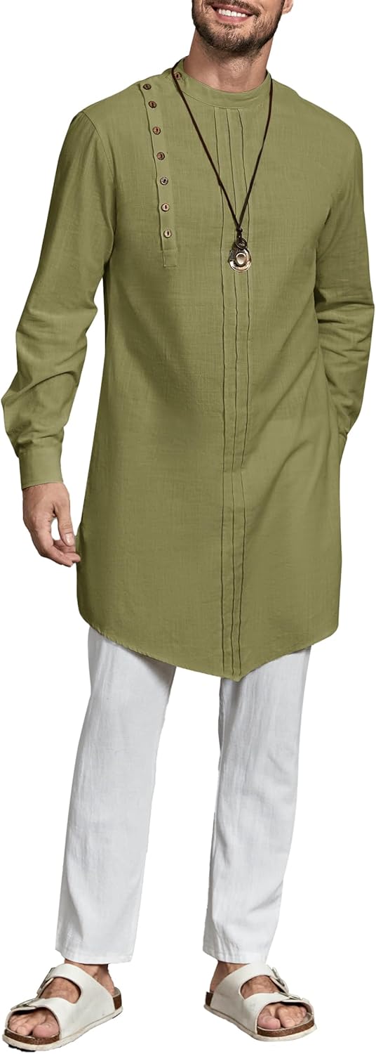 Gafeng Mens Kaftan Thobe Long Sleeve Robe Gown Casual Cotton Linen Button Muslim Shirt - Image 4