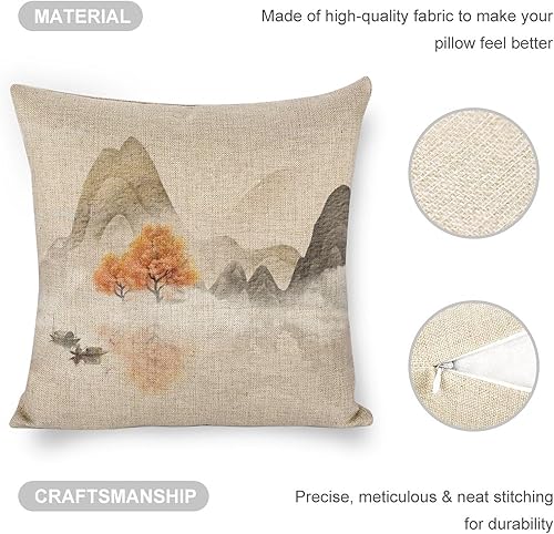 Miniatura 4 de Chinoiserie - Fundas de almohada de pintura de paisaje de tinta de concepción artística de 18 x 18 pulgadas, fundas de almohada vintage con flores,