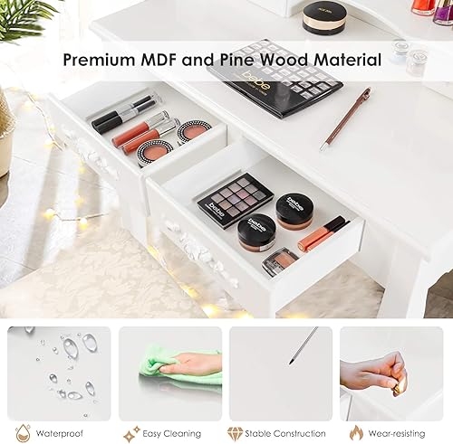 Miniatura 5 de CHARMAID Juego de tocador con 10 luces LED y 4 cajones, estante de almacenamiento, parte superior desmontable, mesa de maquillaje para dormitorio y