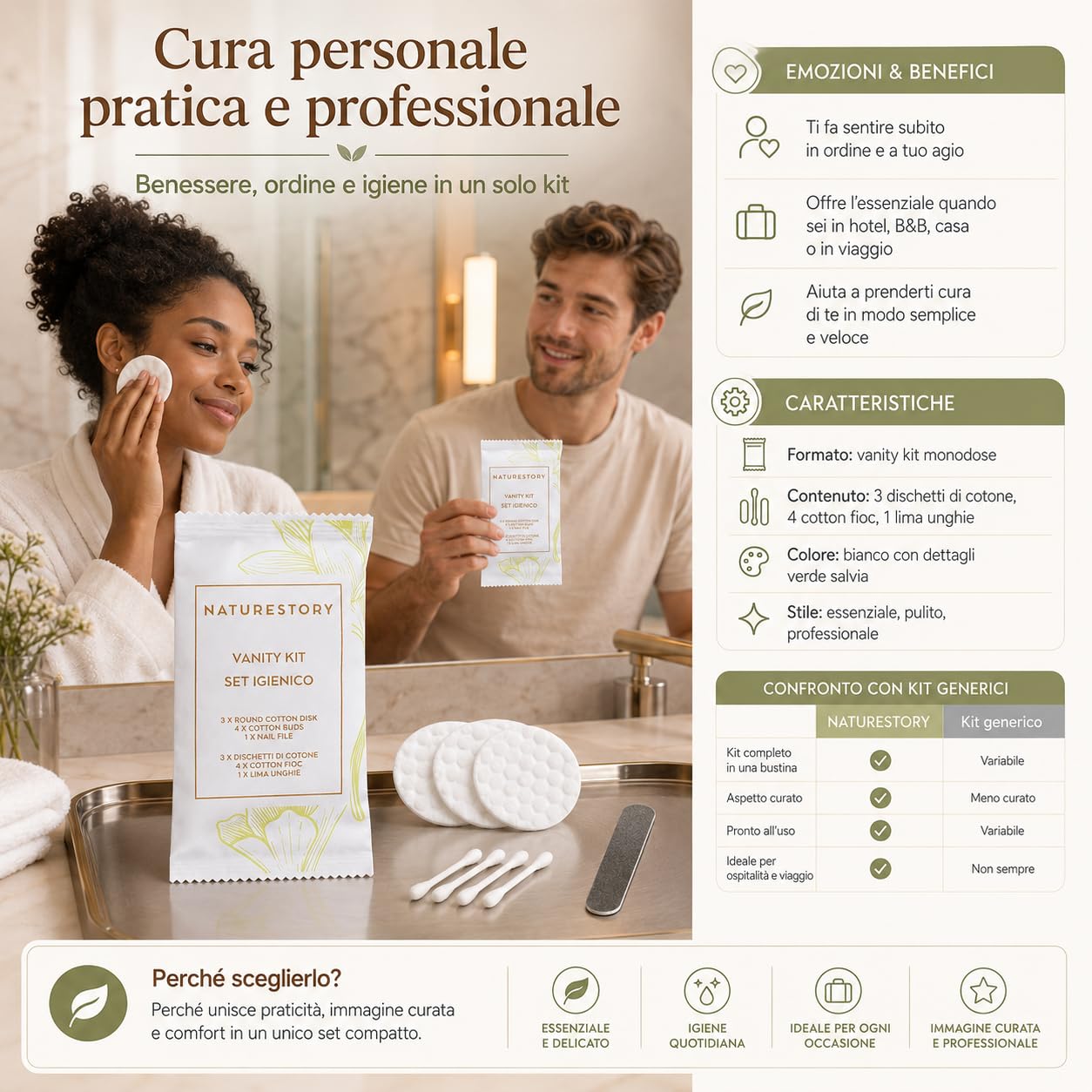 Maqa Vanity Einweg-Set für Gäste, 3 Make-up-Entferner-Pads, 4 Wattestäbchen, 1 Nagelfeile, elegante Einzelpackung für Hotel, B&B, Ferienhäuser, Spa, hygienisch und gebrauchsfertig (100)