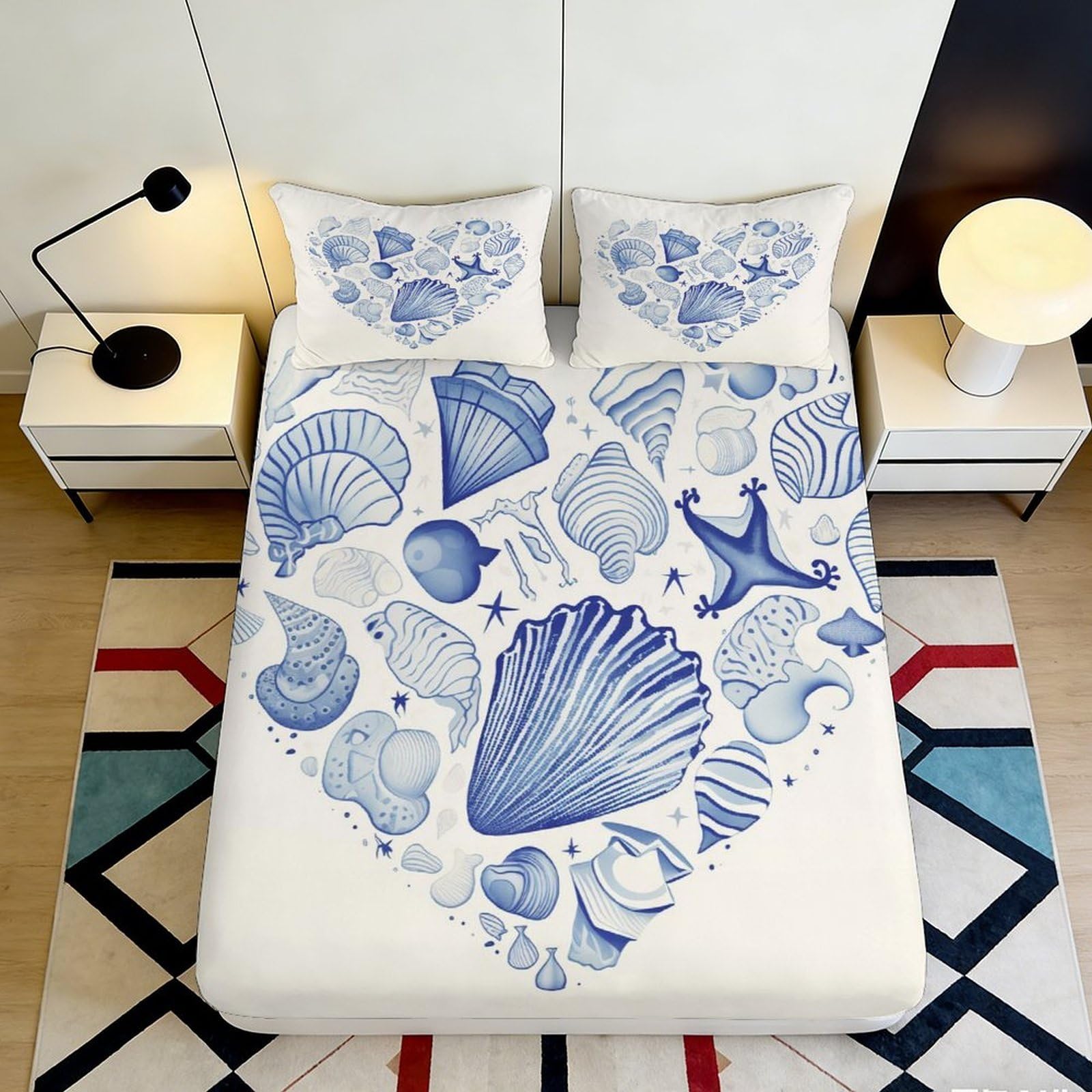 3D Printed Blue Seashell Fitted Sheet Microfiber Soft Breathable Ocean Starfish Mattress Cover Bedroom Decor 90x200x25cm
