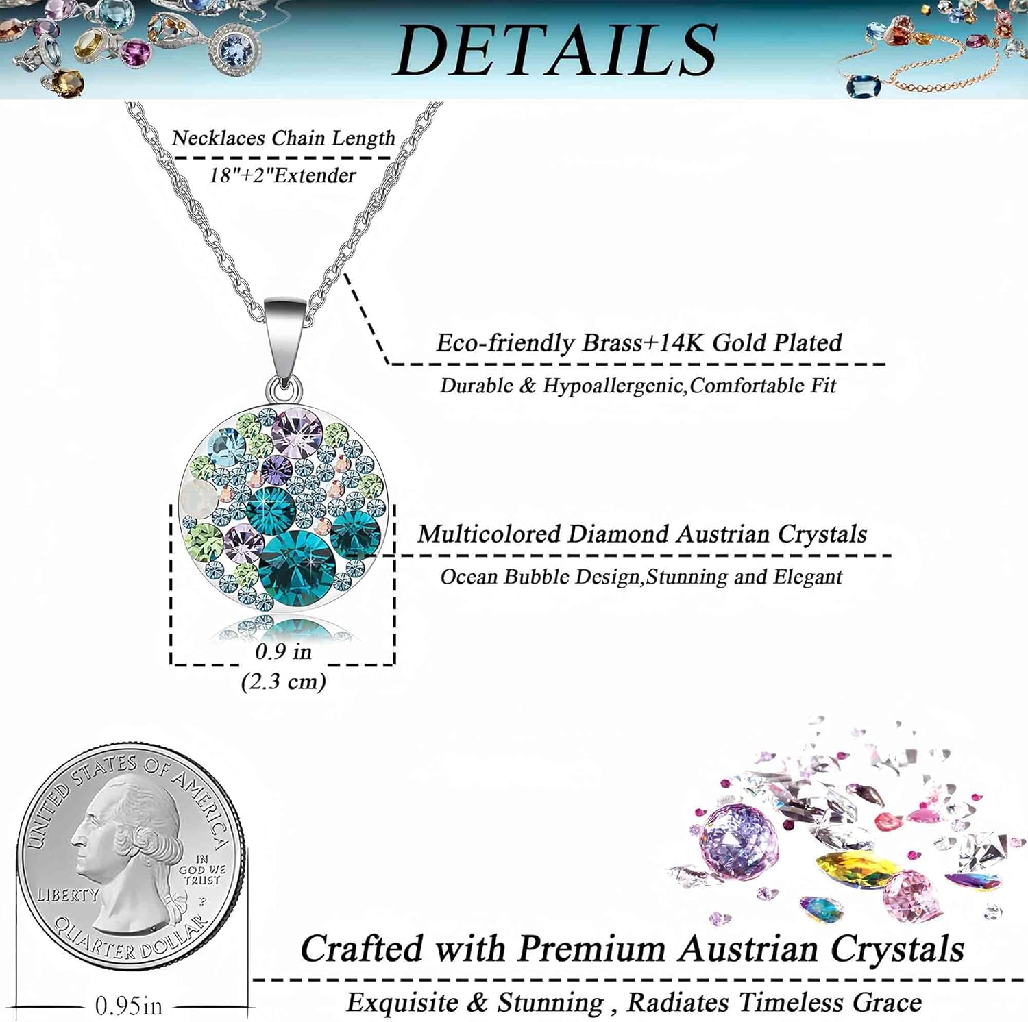 EVEVIC Austrian Crystals Round Disc Pendant Necklaces for Women Fashion 14K Gold Plated Hypoallergenic Dainty Jewelry - Image 4