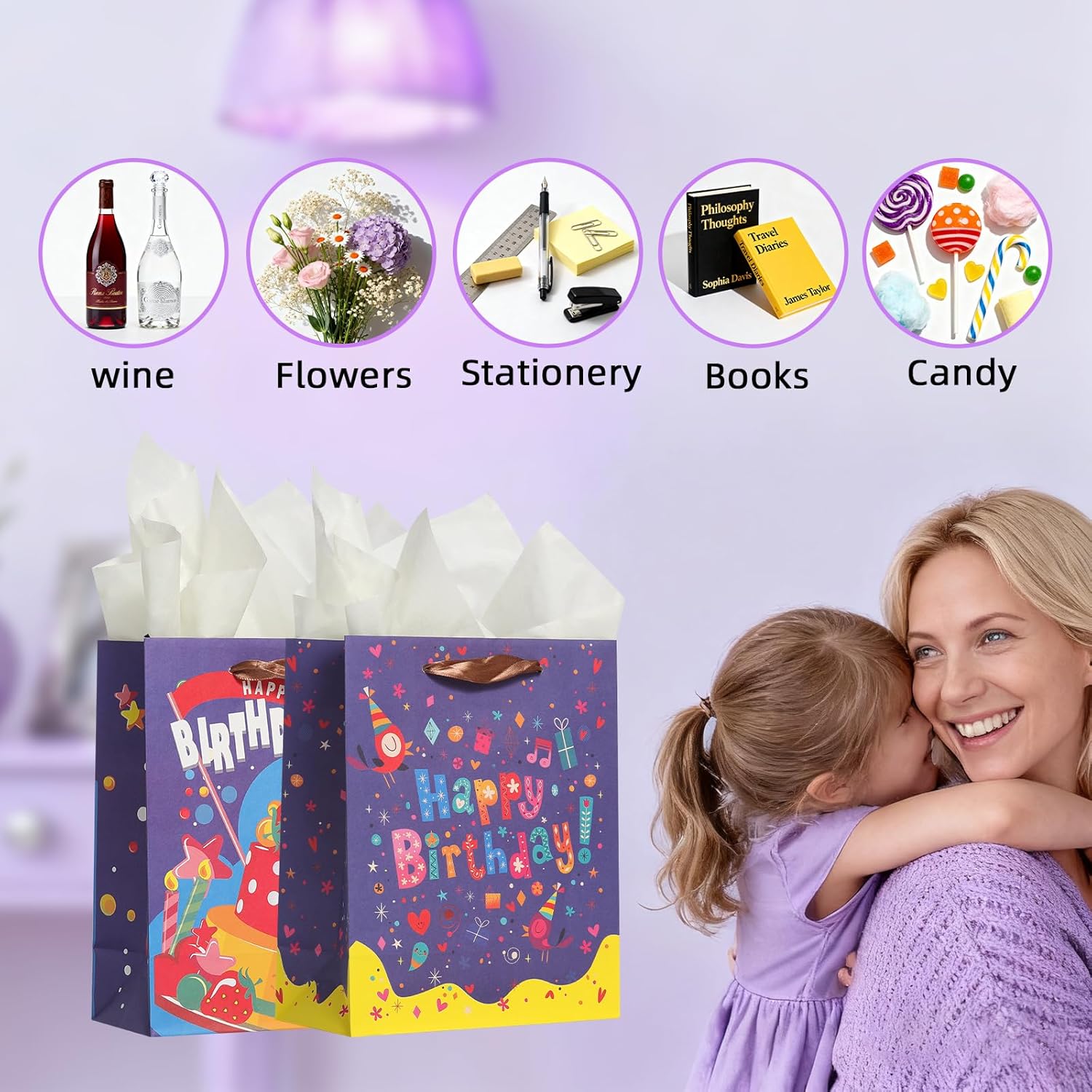 Ehpiern 4 Pcs Birthday Gift Bags, 9" Happy Birthday Gift Bag with Handle and Tissue Paper, Reusable Gift Bags 4 Designs for for Kids, Women, Men, Adults, Siblings, Parties - Image 3