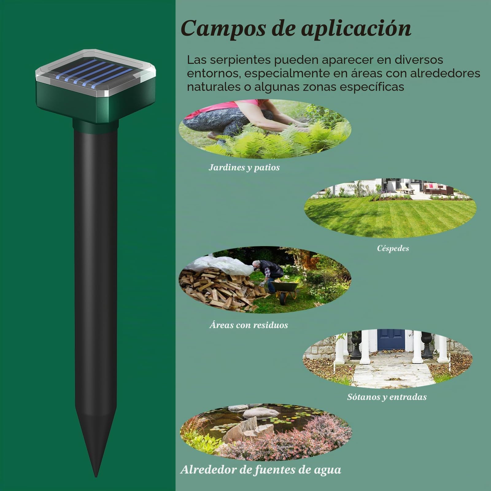 Potente repelente de serpientes para patio y exteriores, serpientes lejos, repelente solar sónico impermeable, seguro para mascotas y niños, mantiene a las serpientes lejos del garaje, césped, hogar