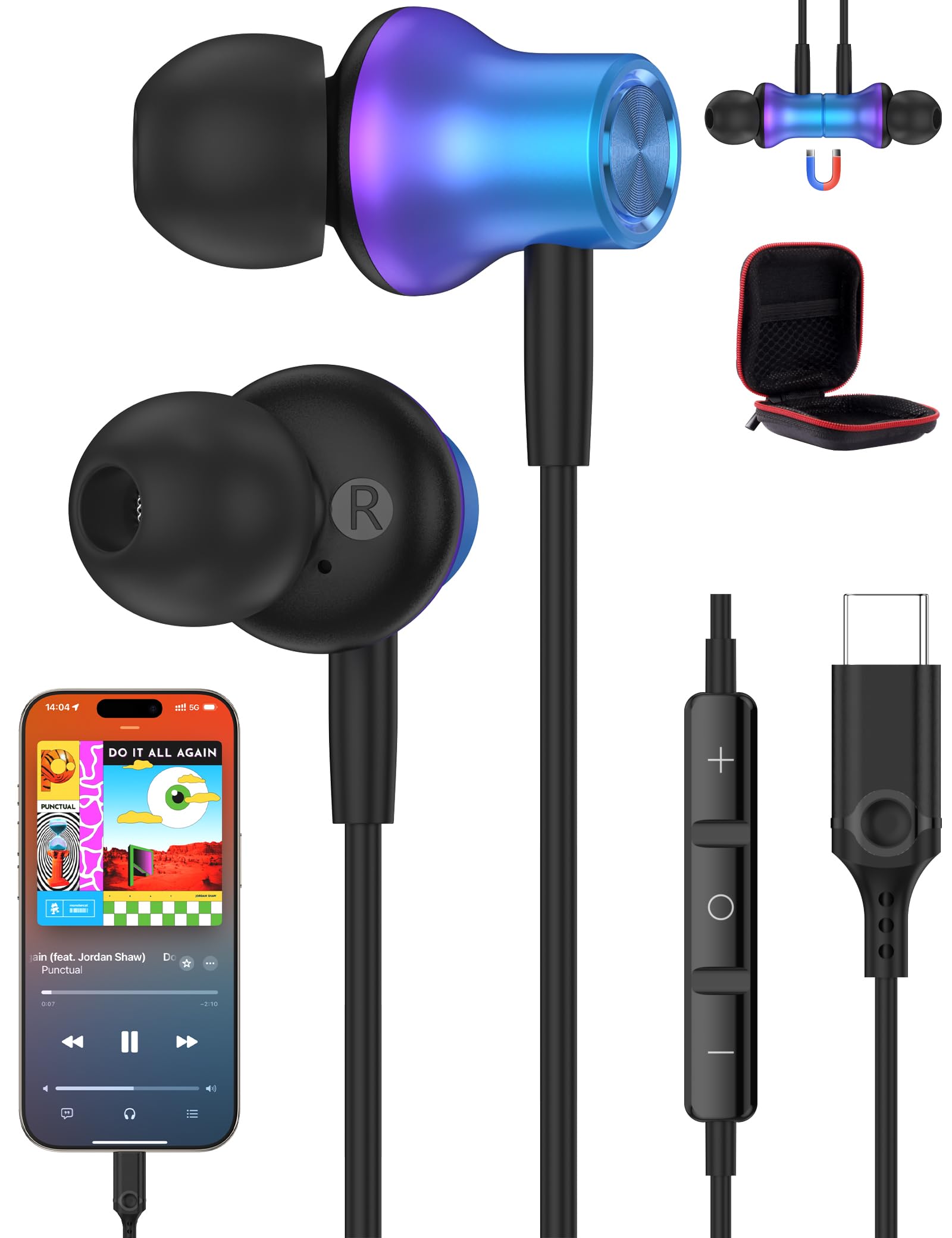 USB C Earbuds for iPhone 17 Pro Max 16 Plus 15 Pro Noise Isolating USB C Headphones for Samsung S26 S25 S24 HiFi Stereo in Ear Wired Earphones with