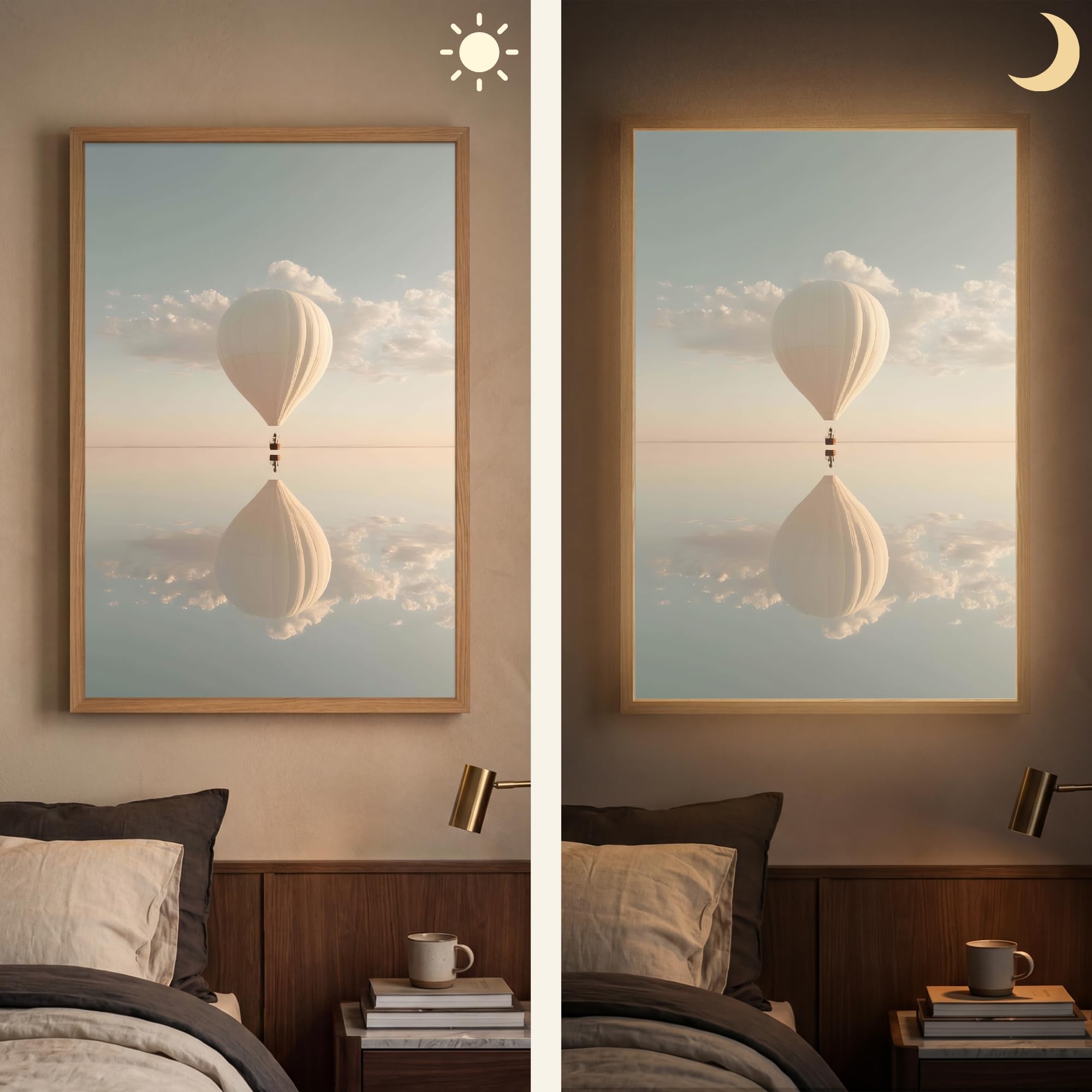 LED Wandlicht Innen 60x90 cm Aufladbar Dimmbare Nachtleuchte Schlafzimmer Wandlampe Nachtlicht Modern Design Stillen Wandleuchte Wand Licht Heißluftballon - Wolken - Wasser - Blau