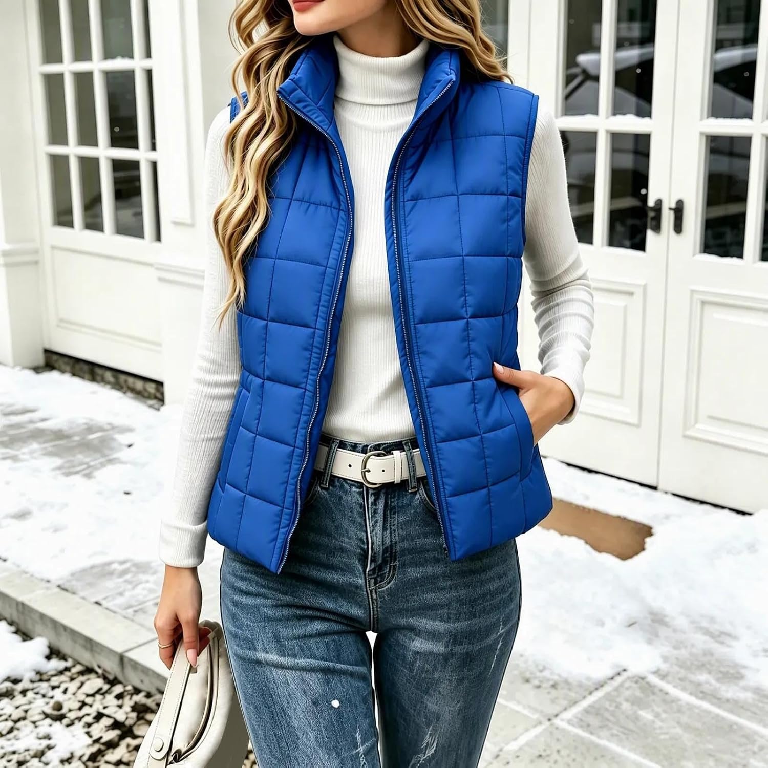 Women's Stand Collar Quilted Vest Zip Up Front Casual Padded Gilet