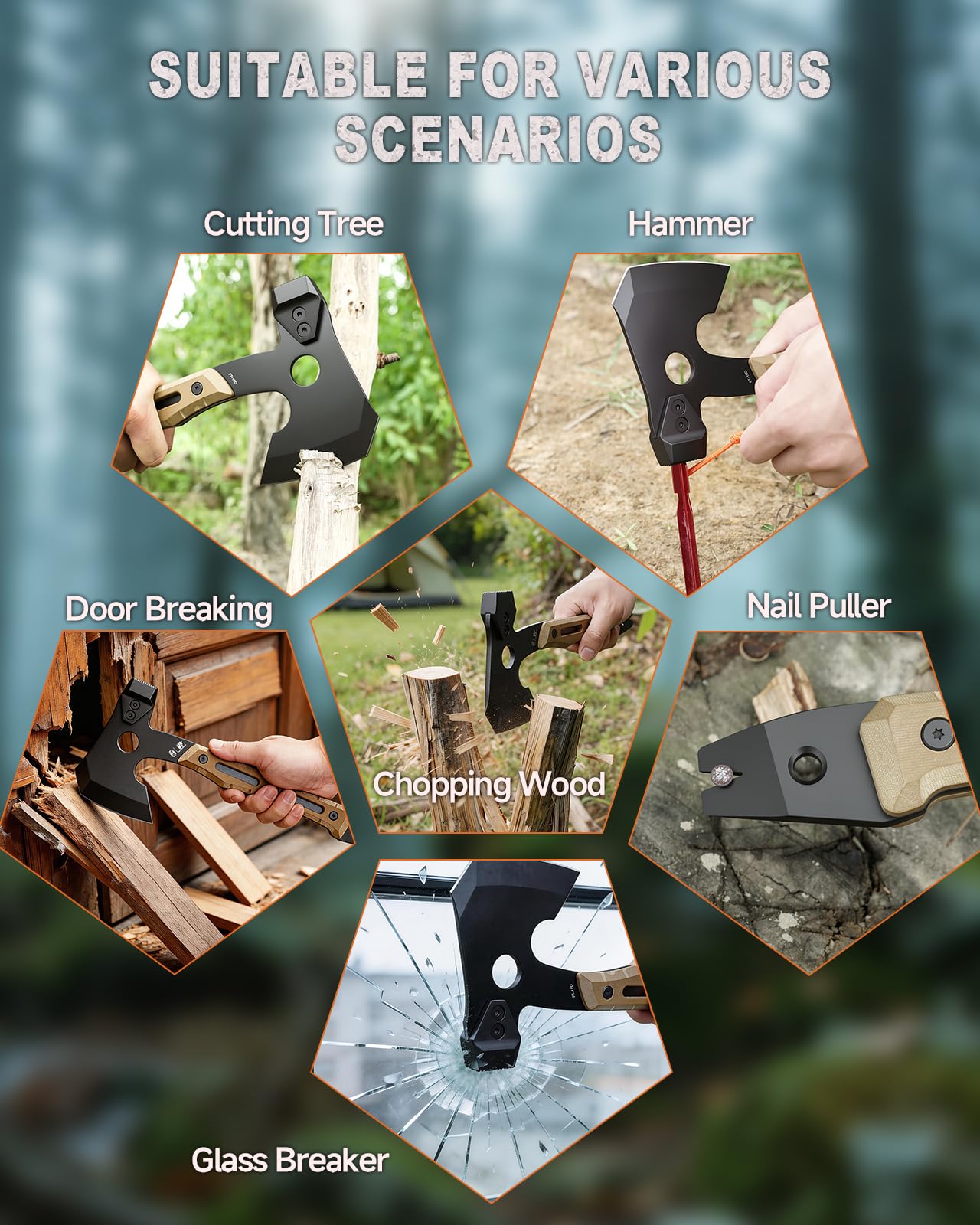 HX OUTDOORS Accetta Multifunzionale, Accetta Tattica da Sopravvivenza con Rivestimento in Titanio Nero per Campeggio e Bushcraft, Dotata di Martello e Estrattore per Chiodi (Marrone)