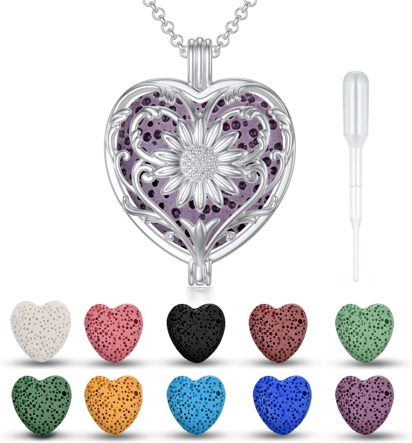 SOULMEET Sterling Silver Sunflower/Rose Aromatherapy Necklace Essential Oil Diffuser Locket Pendant with 10 Colors Volcanic Lava Stones for Women
