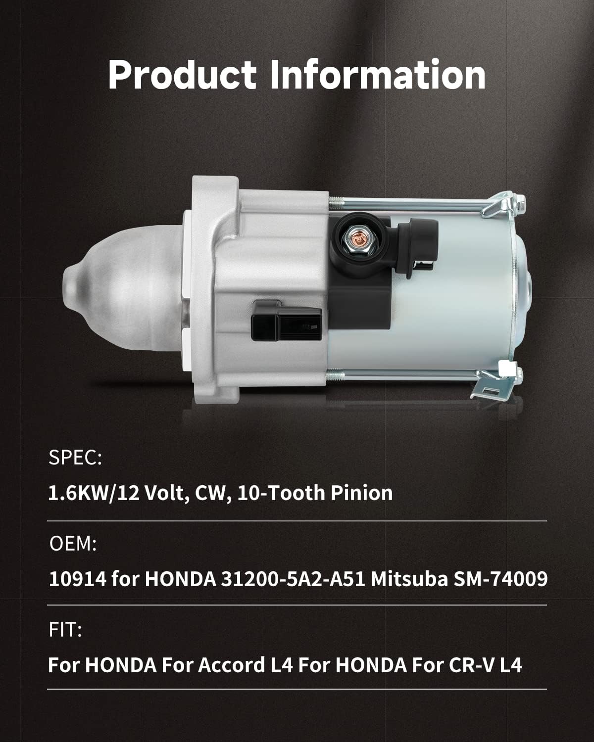 OCPTY Starter Fit for Honda Auto and Light Truck Starter Accord L4 2.4L 2013 2014 2015 2016 2017 CR-V L4 2.4L 2015 2016 Automatic CVT Transmission SM74009 16201 10914