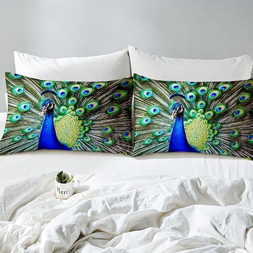 Miniatura 7 de Juego de funda de edredón de pavo real, tamaño Queen, color verde, lindo diseño de animales, estampado de plumas de pavo real, juego de funda de