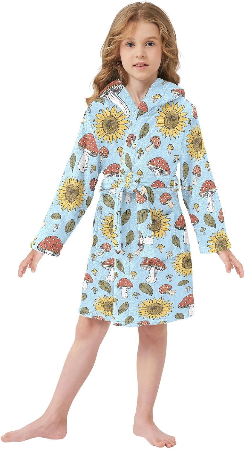 senya Mushroom and Sunflower Toddler Hooded Bathrobe Kids Soft Plush Bath Towel Robes for Boys Girls 2-12 Years
