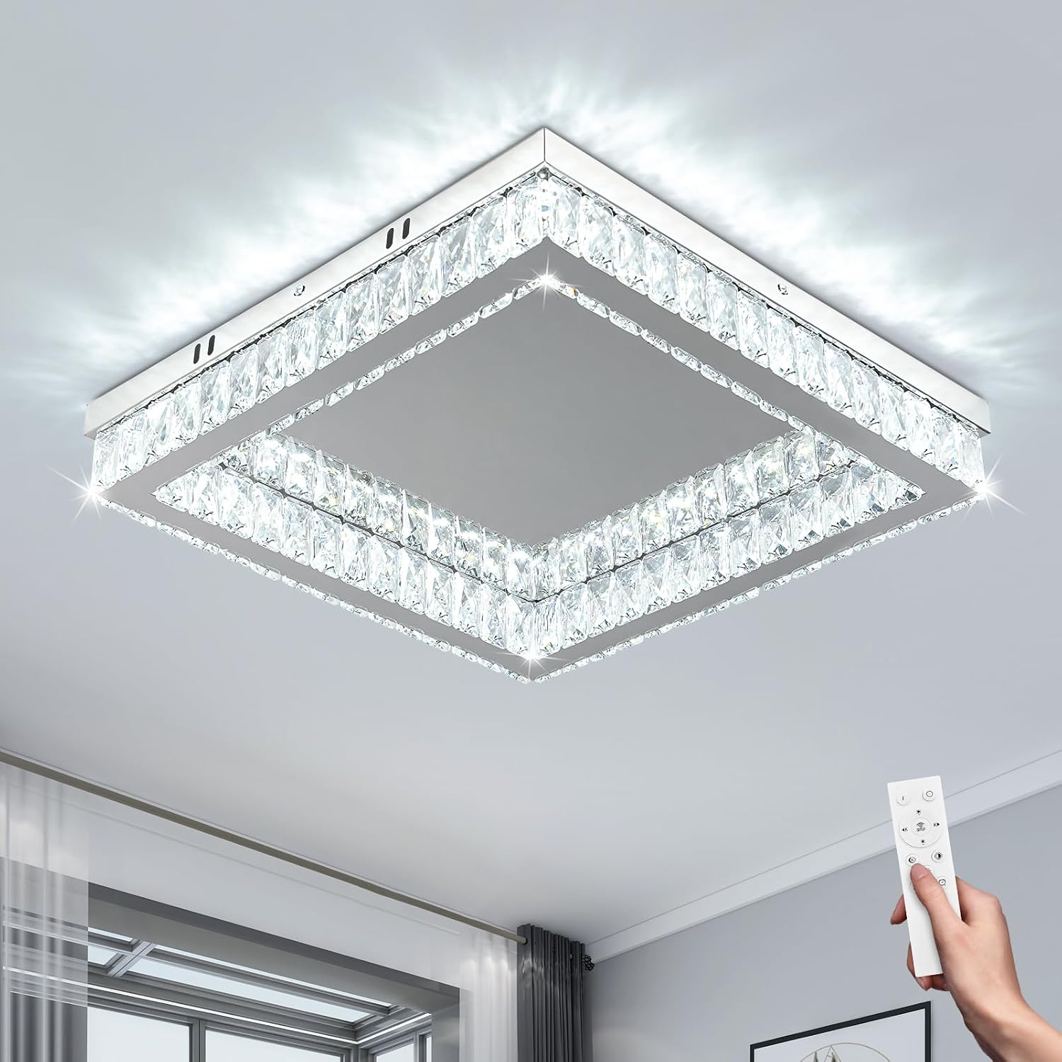 17.7 Inch Square Crystal Ceiling Light, Cool White 6500K LED Flush Mount Ceiling Light Fixture, Modern K9 Crystal Stainless Steel Ceiling Lamp for Bedroom Living Room Dining Room