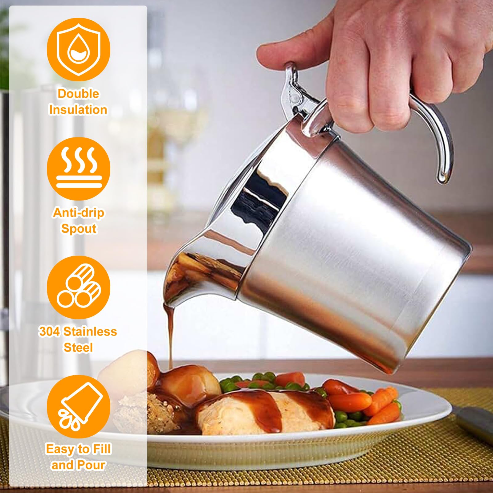 750Ml Salsera de Acero Inoxidable de Doble Pared,Recipiente Aislado para Salsas con Tapa,Calentador de Salsas,Mantiene la Comida Caliente o Fría,Salseras para Salsa,Natillas o Crema, Salsa