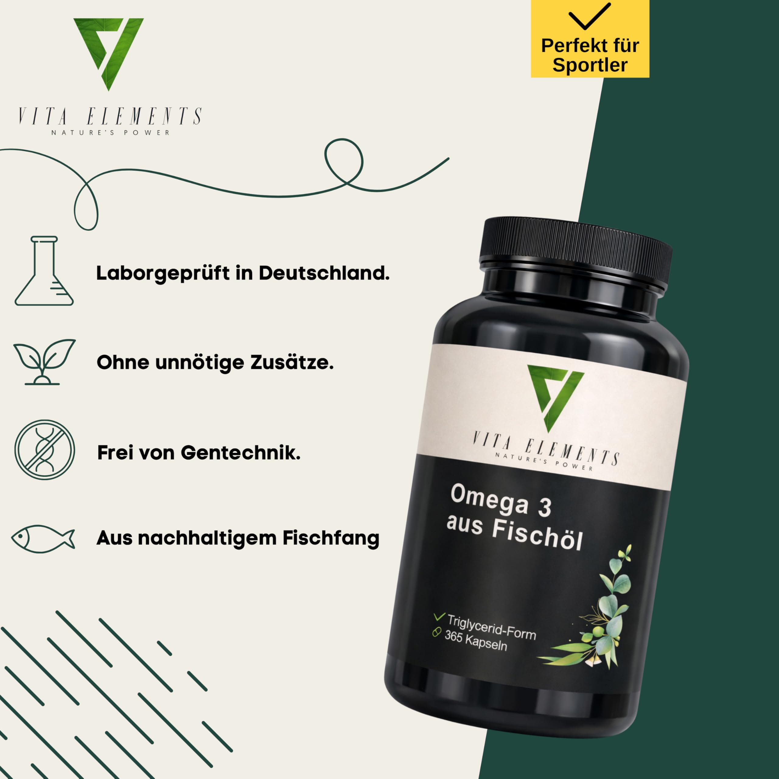 Vita Elements Omega 3-365 Cápsulas - 2000mg de Aceite de Pescado por Dosis Diaria - EPA y DHA en Forma de Triglicéridos - Probado en Laboratorio - Pesca Sostenible - Suministro para 6 Meses (5)