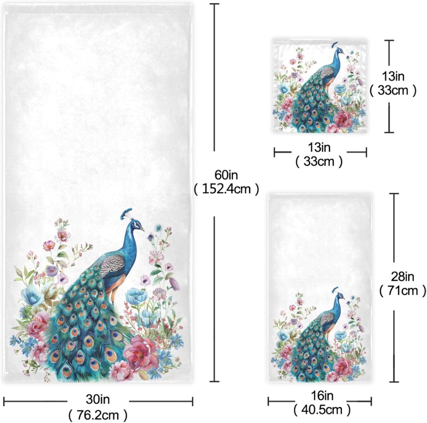 Naanle Beautiful Peacock Flowers Print Soft Luxury Decorative Set of 3 Towels, 1 Bath Towel+1 Hand Towel+1 Washcloth, Multipurpose for Bathroom, Hotel, Gym, Spa and Beach(Blue White)