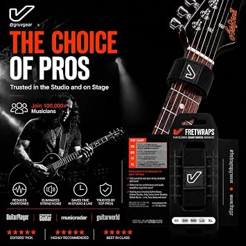 Gruv Gear Fret Wrap & Guitar Mute Pro, Fretwrap for Acoustic, Electric & Bass | String Dampener Recording, Tapping & Practice Accessory (1 Pack, Medium Black, Fits 5 String Bass, 7 String Guitar)