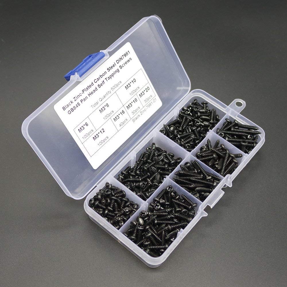 500pcs M3/3MM Diameter Phillips Pan Head Screws Self Tapping Drilling Screws Assortment Kit Carbon Steel 6mm 8mm 10mm 12mm 16mm 18mm 20mm Length