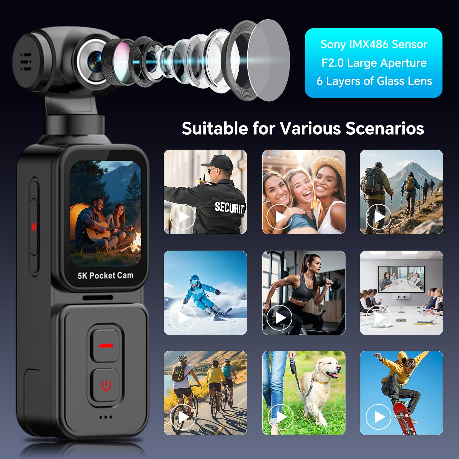 Camera Vlog avec Objectif Rotatif Motorisé 270° et Suivi du Visage, Camera Pieton 5K Portable pour Vlog Solo, POV et Voyage, Clip, Micro Externe, Télécommande et Carte Mémoire 64 Go Inclus