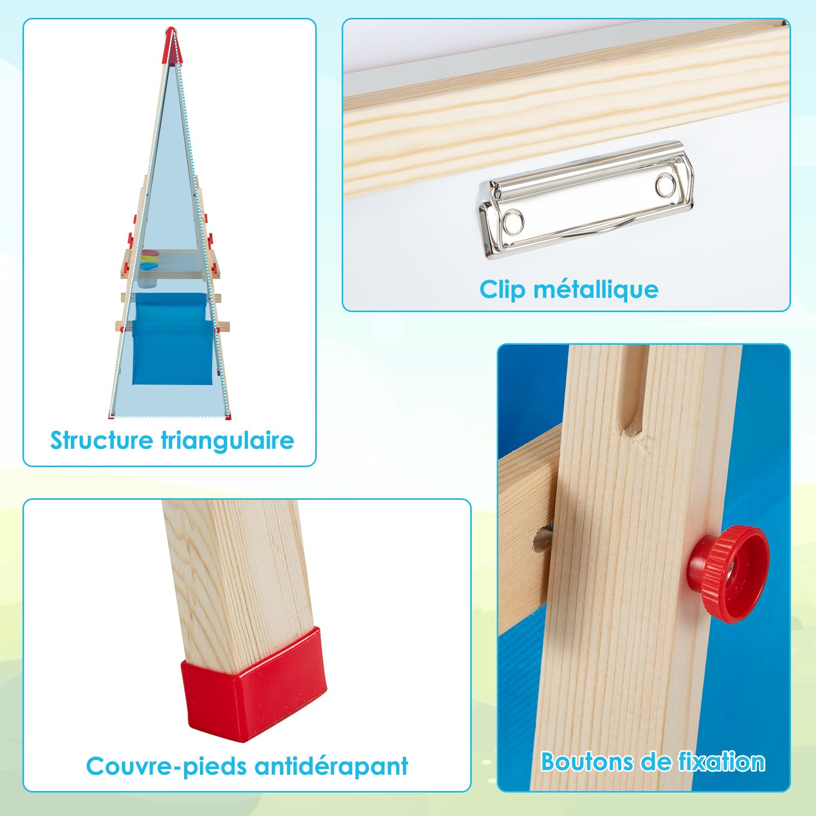 COSTWAY 3 en 1 Tableau Enfant Double Face en Bois avec Rouleau de Papier & 60 Accessoires, Chevalet Magnétique avec Hauteur Réglable, Plateau & Sac de Rangement pour Enfants de 3-8 Ans