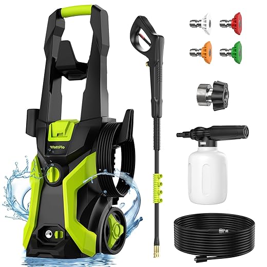 Pressure Washer, Power Washer with 4 Quick-Connect Nozzles, 500ml Foam Cannon, High Pressure Washer for Cars, Decks, Driveways, Home, Patios, Bright Green