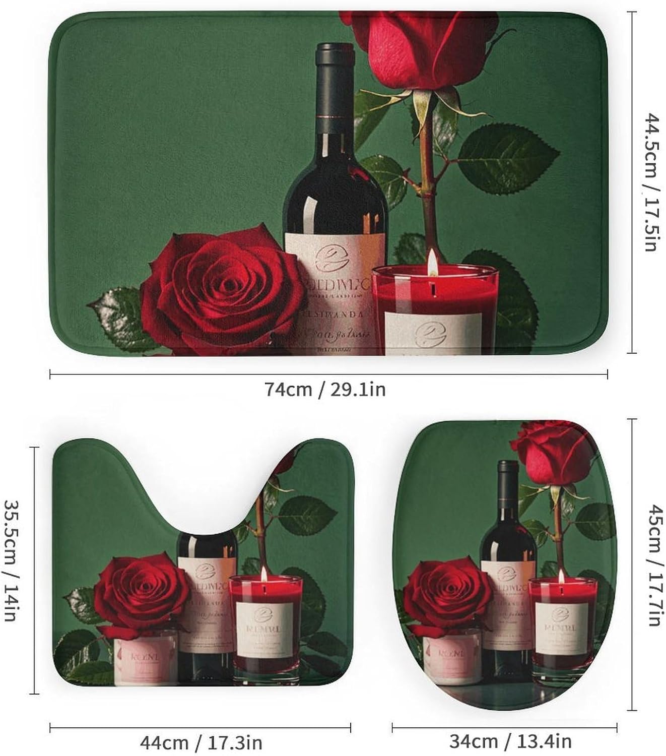 Red Wine Rose and Candle Shower Curtain Set 4 Piece, Non-Slip Bath Mat with Toilet Lid Cover and Waterproof Shower Curtain with 12 Hooks, Complete Bathroom Set for Home Decor