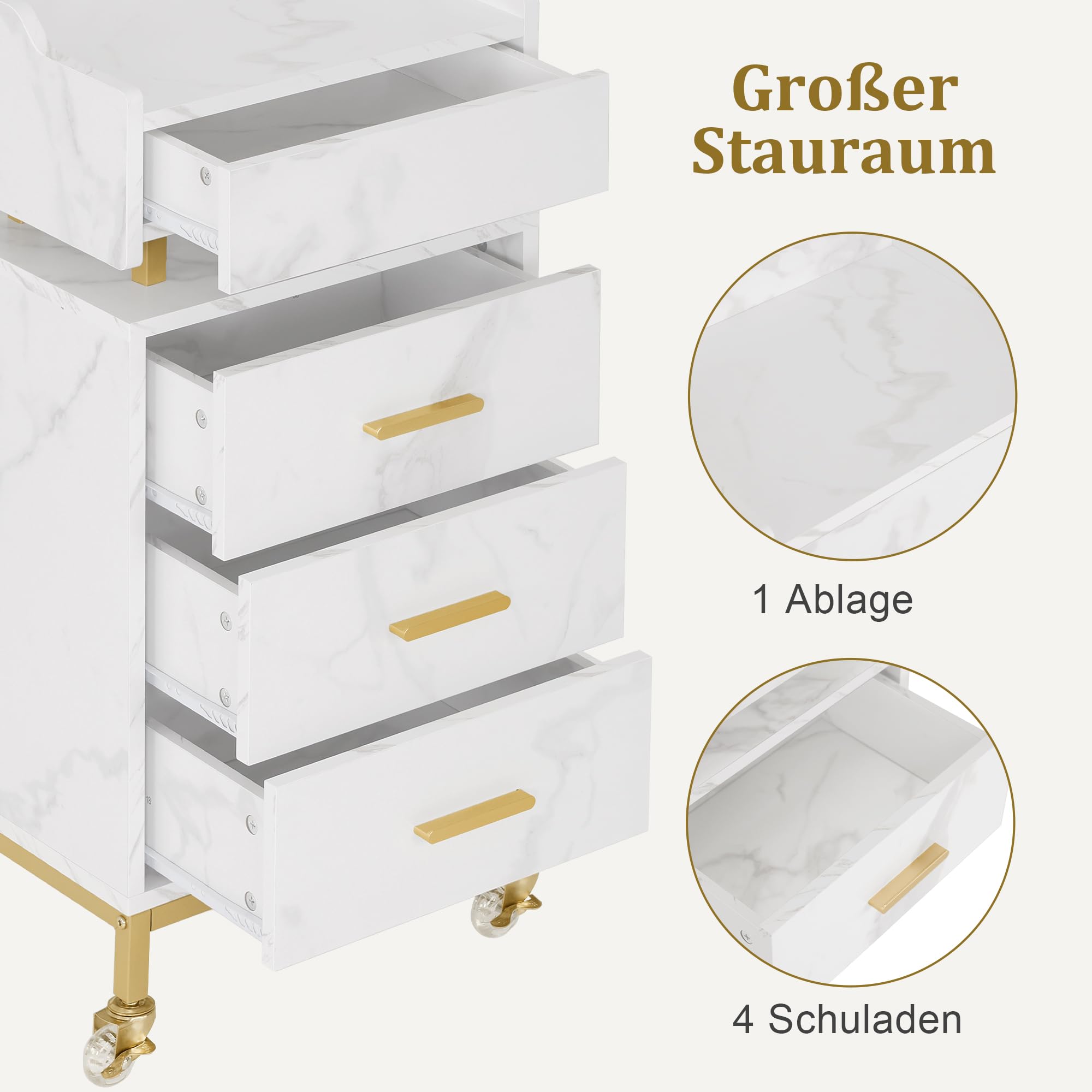 M MCombo Servierwagen mit Rollen & 4 Schubladen, Rollwagen Friseurwagen Weiß, Salon Trolley 30x40x86,5 cm