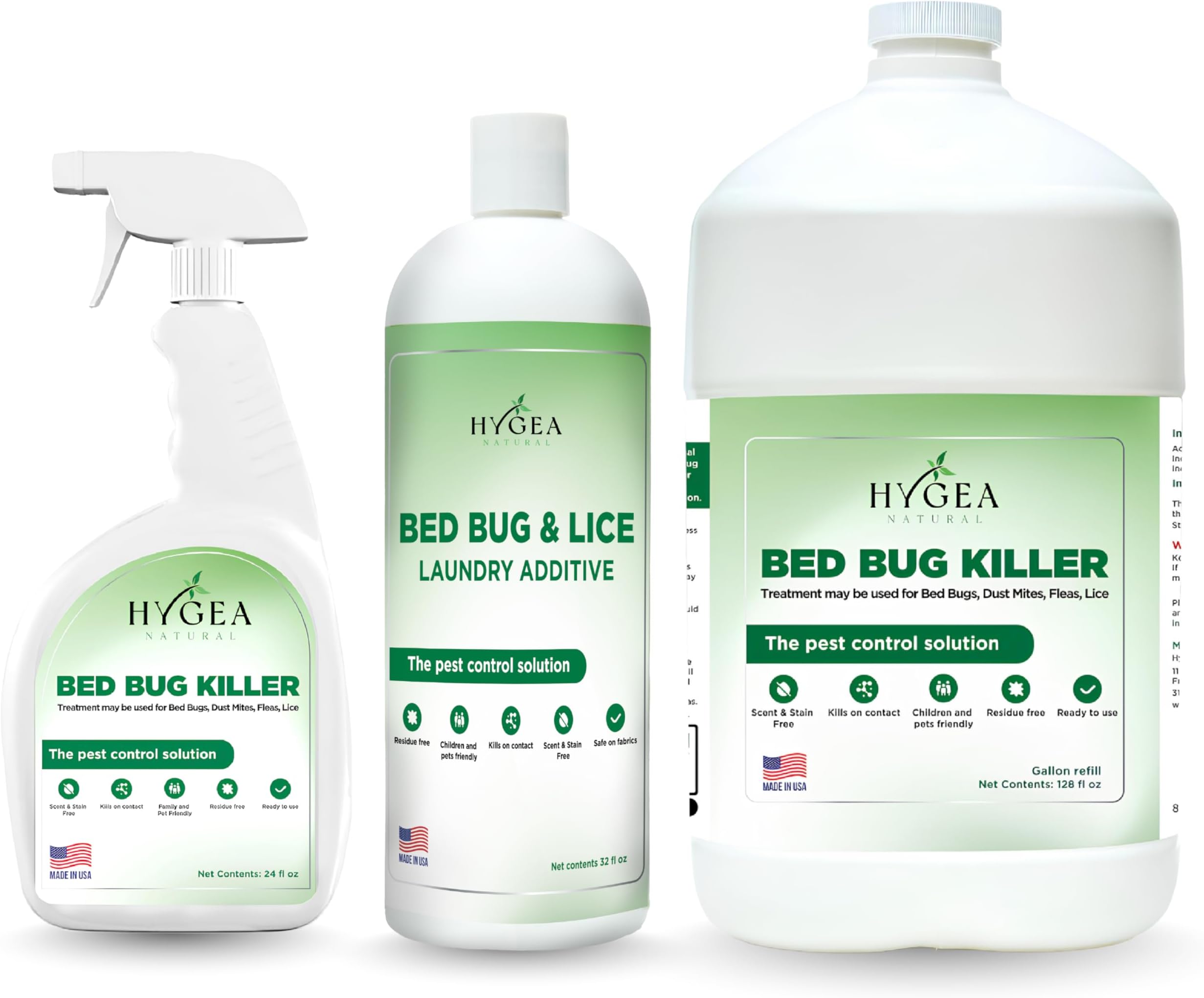 Hygea Natural Combo Pack, Natural Formula, Child & Pet Friendly, Odorless, Includes Bed Bug Spray 24 Ounce, Refill 128 Ounce & Laundry Additive 32 Ounce