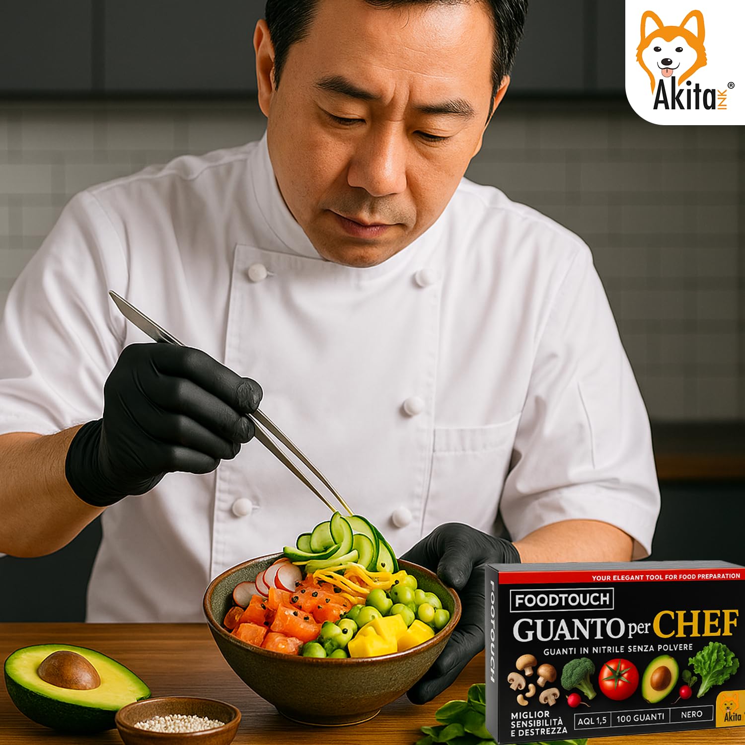 AKITAInk Guanti Chef Nitrile Neri 100 Pezzi Food Touch | Monouso Professionale per Chef e Ristorazione | Senza Polvere, 4g | Ideali per Ristorazione e Manipolazione Alimenti (XL)
