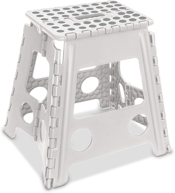 LIVIVO Folding Step Stool  Compact and Lightweight Two Tier Anti Slip Stepping Stool - Folds Flat with Carry Handle for Easy Storage and Transport (White)