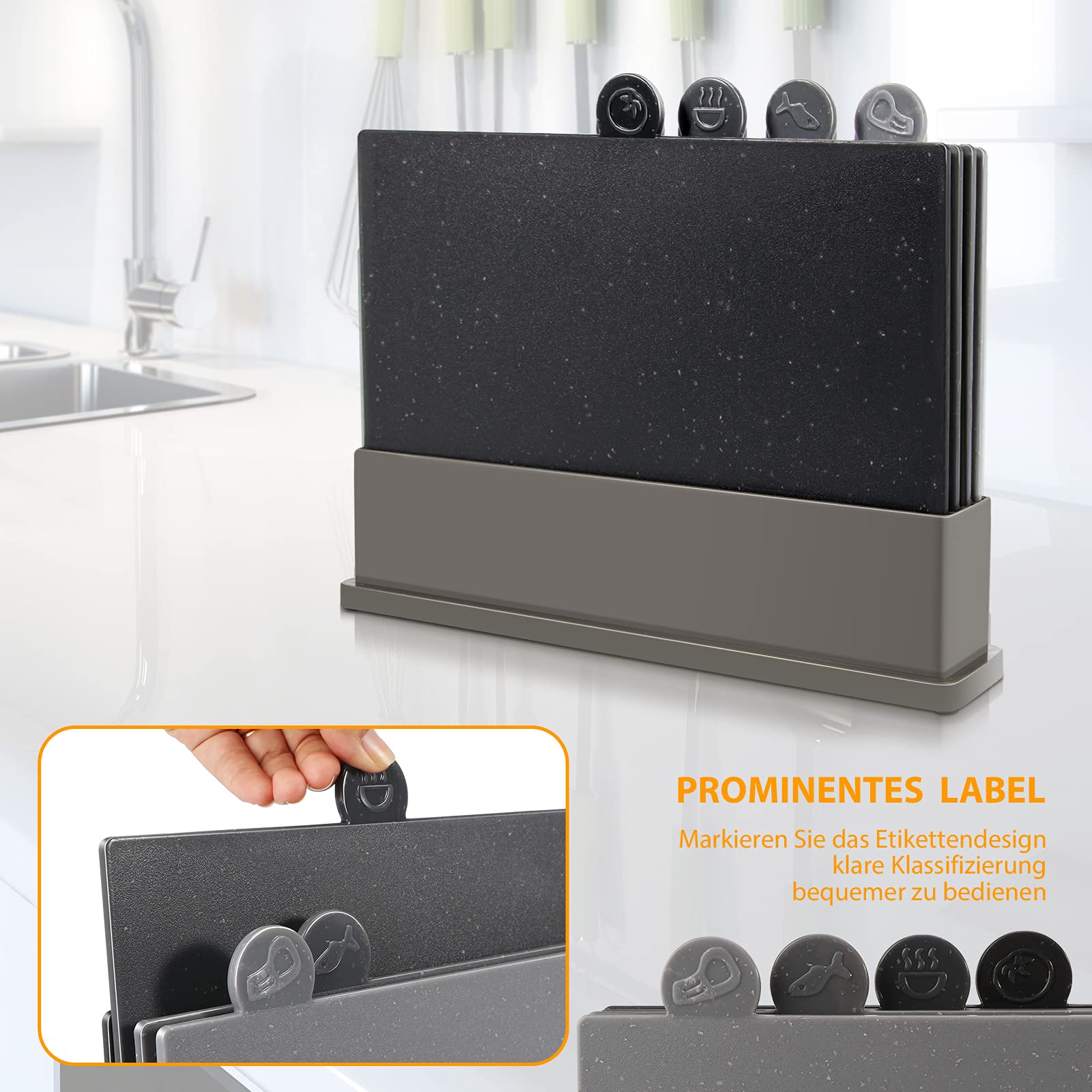 Myiosus Set di 4 Taglieri da Cucina in Plastica, con Supporto, Antiscivolo, Lavastoviglie Disponibile, con Forbici Multifunzionali, per Carne, Pesce, Verdure, Cibo Cotto